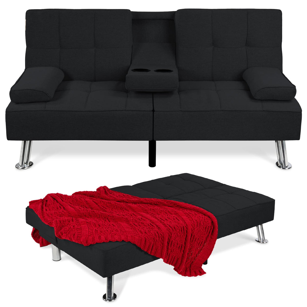 Best Choice Products Linen Modern Folding Futon, Reclining Sofa Bed for Apartment, Dorm w/Removable Armrests, 2 Cupholders - Bla