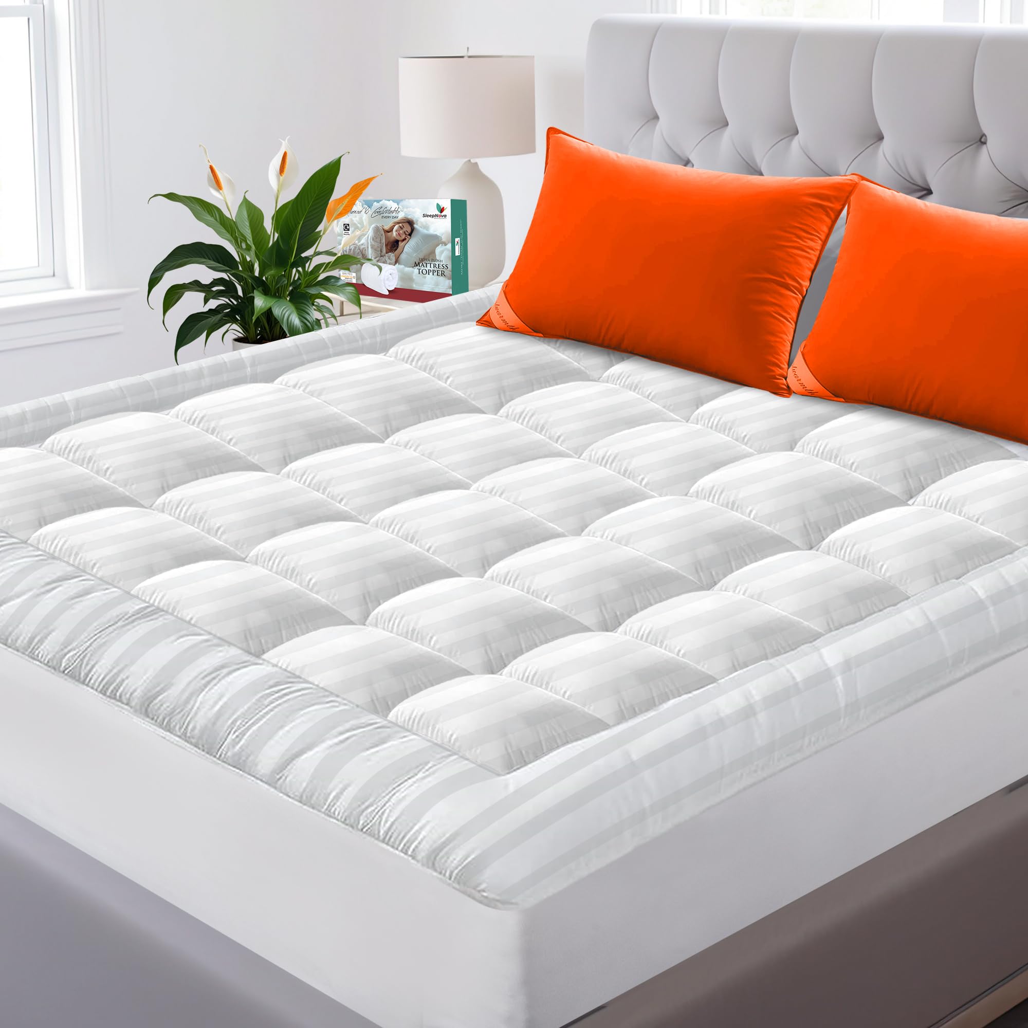100% Cotton Top Full Size Mattress Topper, Breathable & Cooling Mattress Topper Full Size, Elastic Fitted Full Mattress Topper W