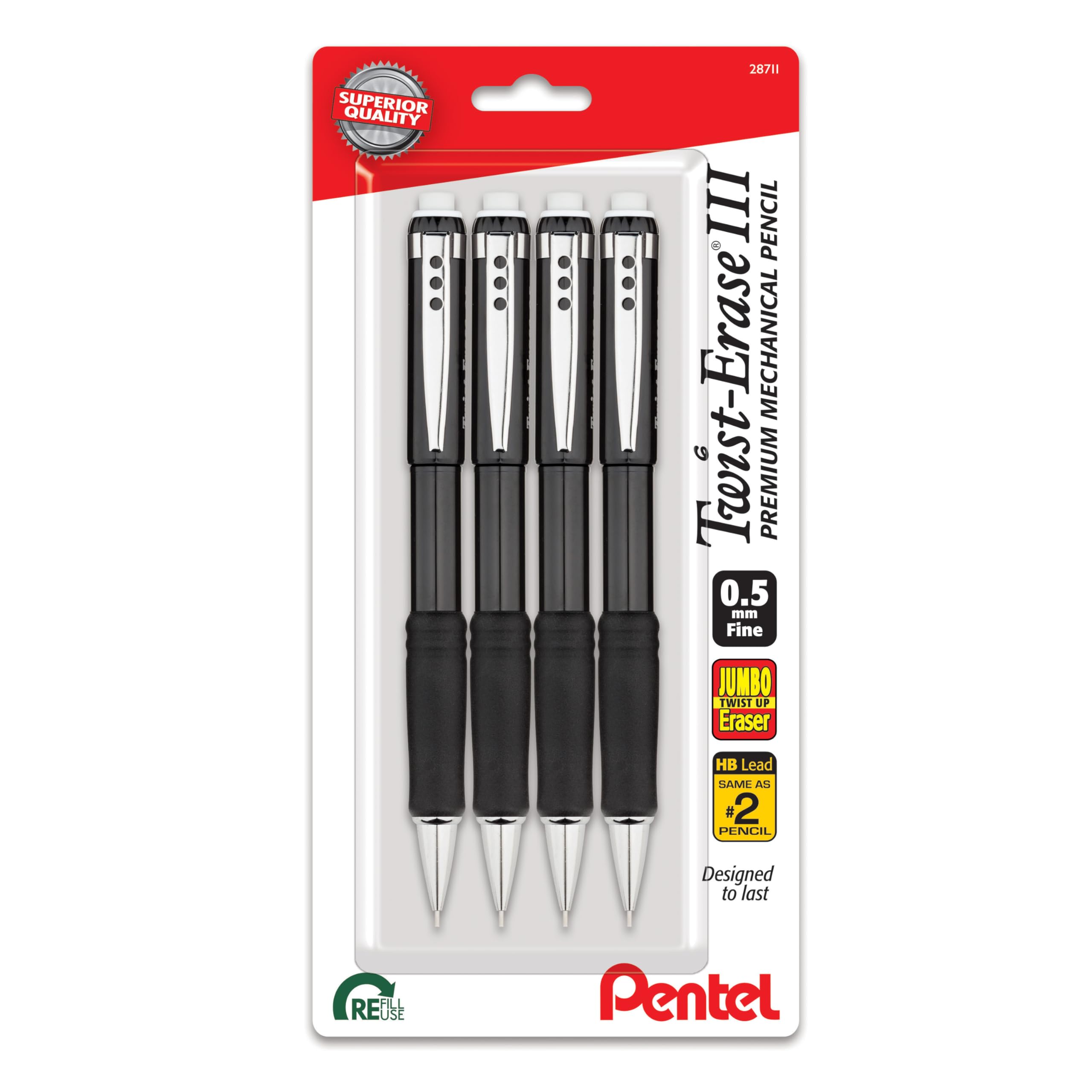 Pentel Twist-Erase Iii Mechanical Pencil, (0.5Mm), Fine Line, Black Barrel, Pack Of 4 (Qe515Bp4A)