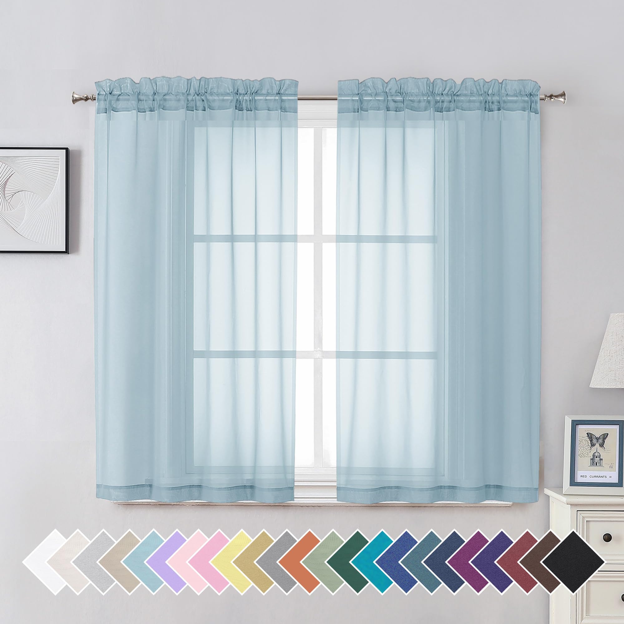 Aiyufeng 2 Pack: Basic Sky Blue Sheer Curtain Drapes 45 Inch Length 2 Panels for Living Room, Light Filtering Voile Drapes for B