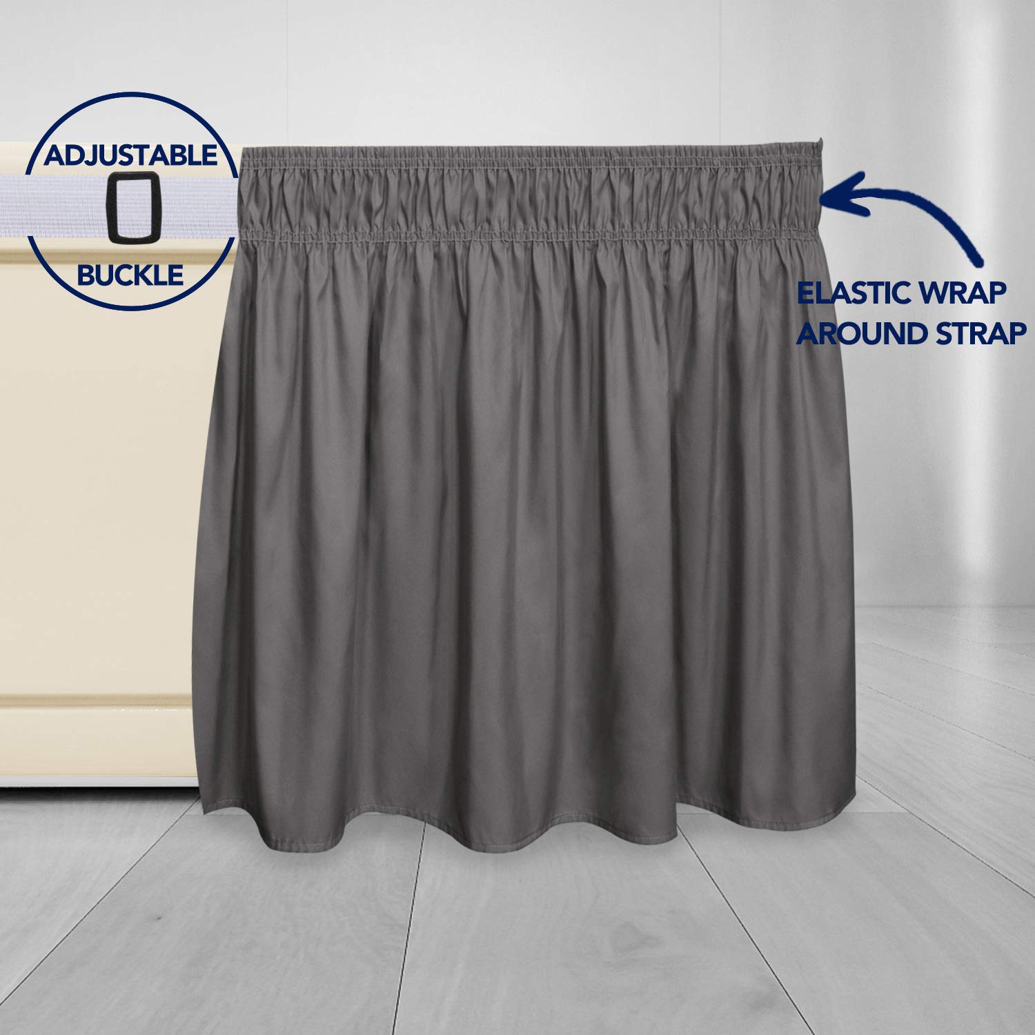 Purefit Wrap Around Ruffled Bed Skirt With Adjustable Elastic Belt - 18 Inch Drop Easy To Put On, Wrinkle Free Bedskirt Dust Ruffles, Bed Frame Cover For Twin,Twin Xl And Full Size Beds, Dark Gray