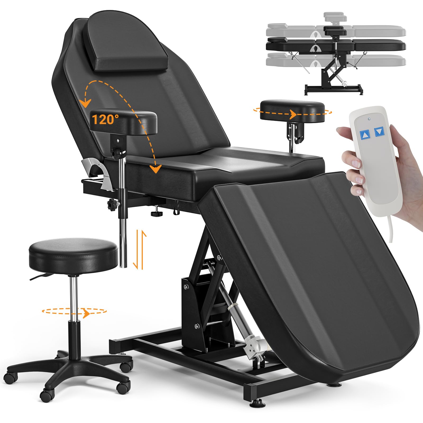 DeerDean Electric Tattoo Chair Bed with Stool & Adjustable Armrests & Height Facial Chairs for Esthetician for Beauty Spa