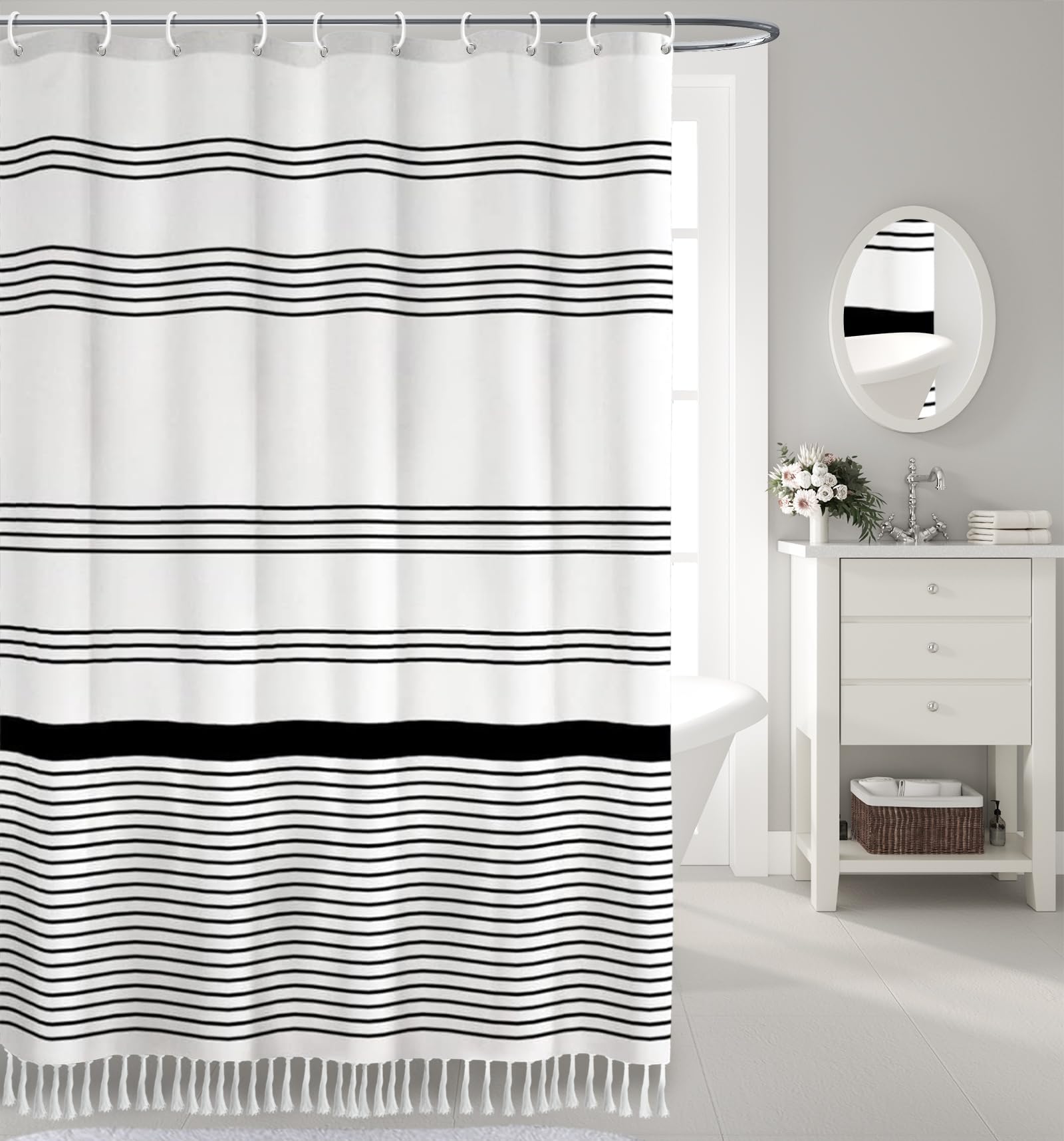 Awellife Boho Black Shower Curtain For Bathroom Farmhouse Natural Linen Stripe Tassel Shower Curtain (Black 1A, 72' L X 84' W)