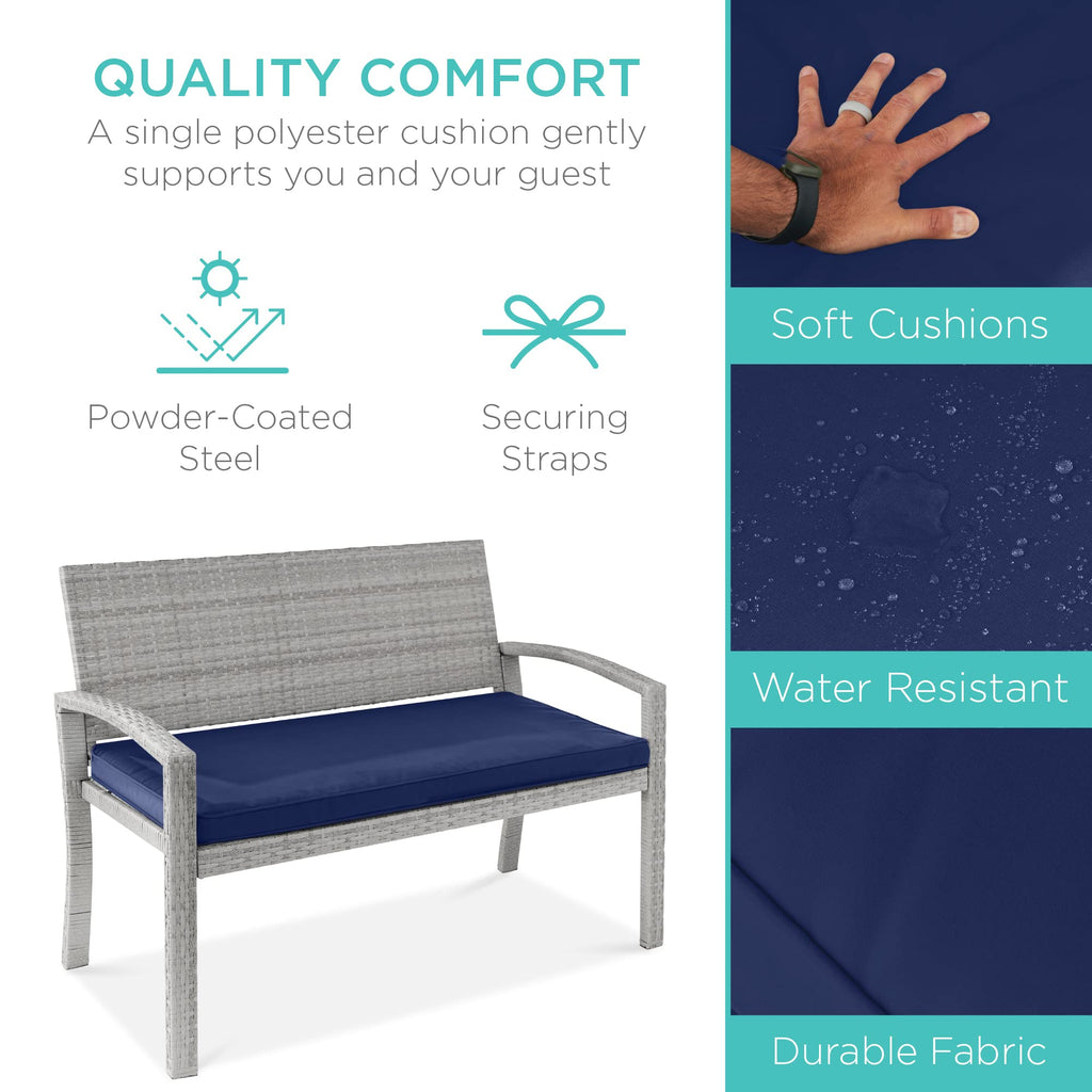 Best Choice Products Outdoor Bench 2-Person Wicker Garden Patio Benches Seating Furniture For Backyard, Porch W/Seat Cushion, 700Lb Capacity - Gray/Navy