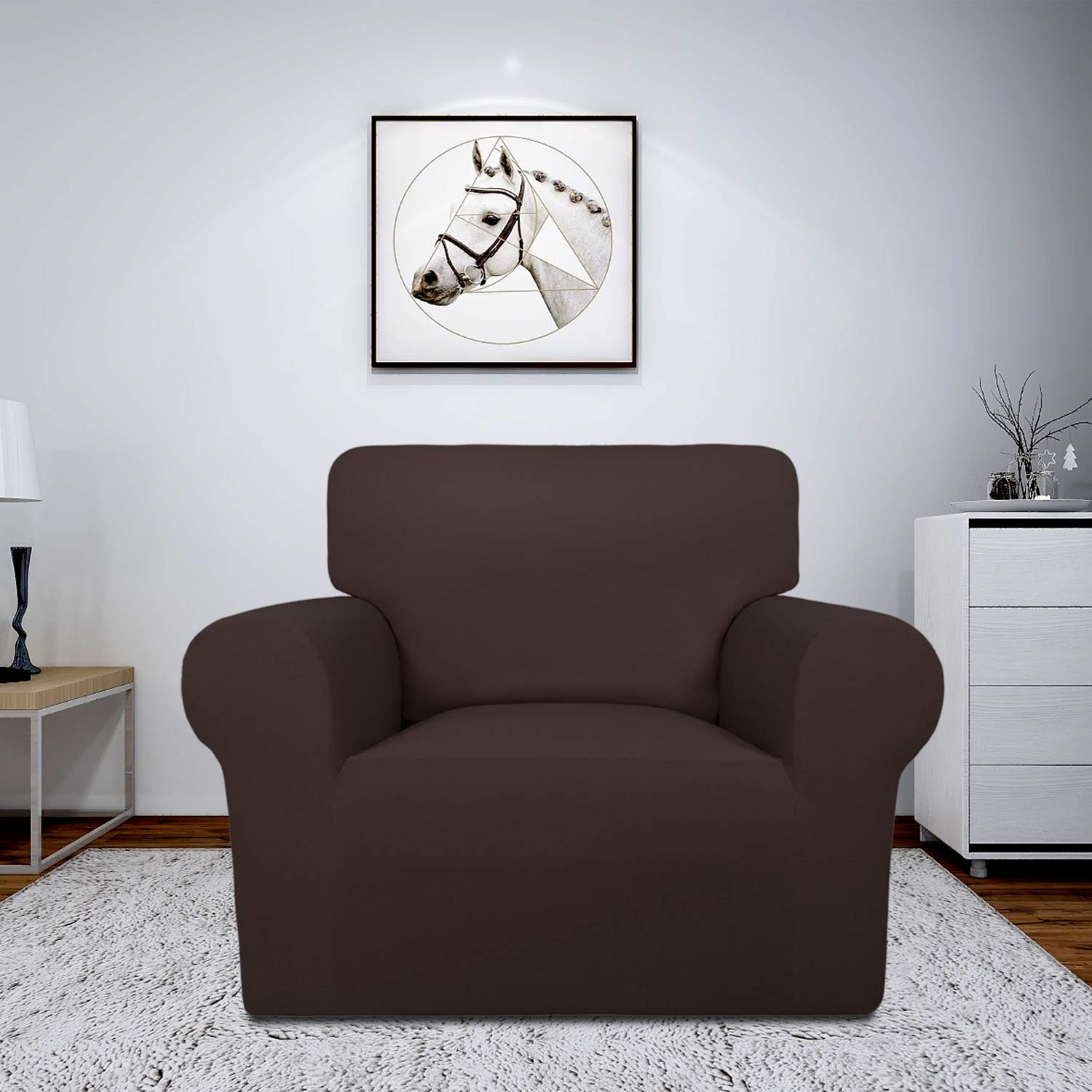 Easy-Going Fleece Stretch Sofa Slipcover Spandex Non-Slip Soft Couch Sofa Cover, Washable Furniture Protector With Anti-Skid Foam And Elastic Bottom For Kids, Pets(Chair, Chocolate)