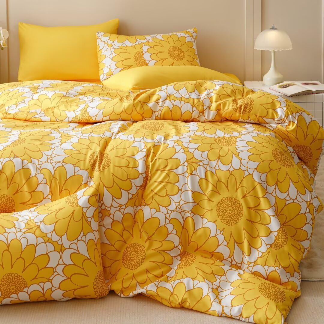 Clothknow Yellow Sunflower Comforter Set Full Size 3Pcs Yellow White Bedding Comforter Sets Light Yellow Comforter Full Women Gi
