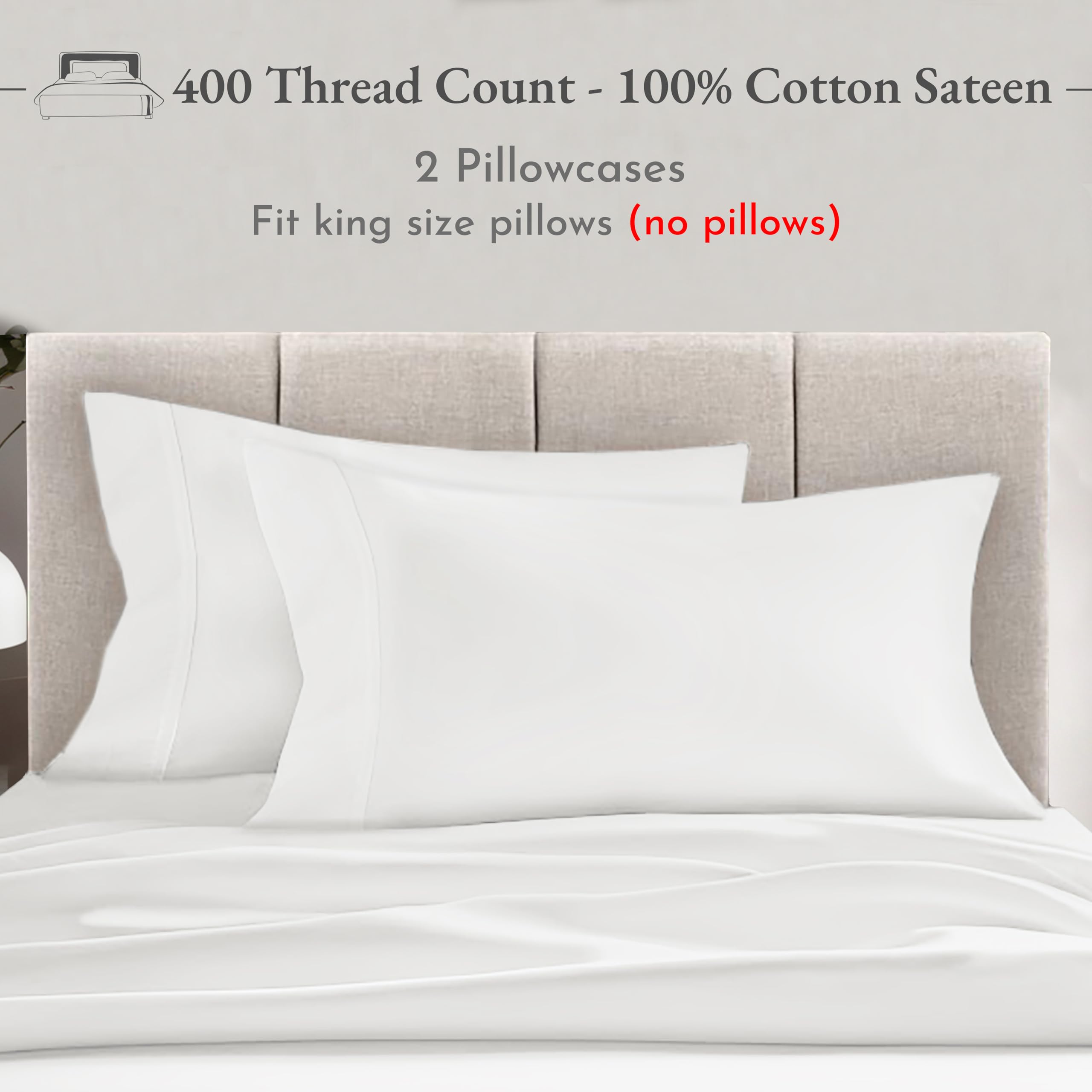 California Design Den King Size Pillowcase Set - 400 Thread Count, 100% Cotton Sateen, Luxury Set Of 2 Pillow Covers, Breathable, Cooling, Soft For Comfortable Quality Sleep - Creamy White