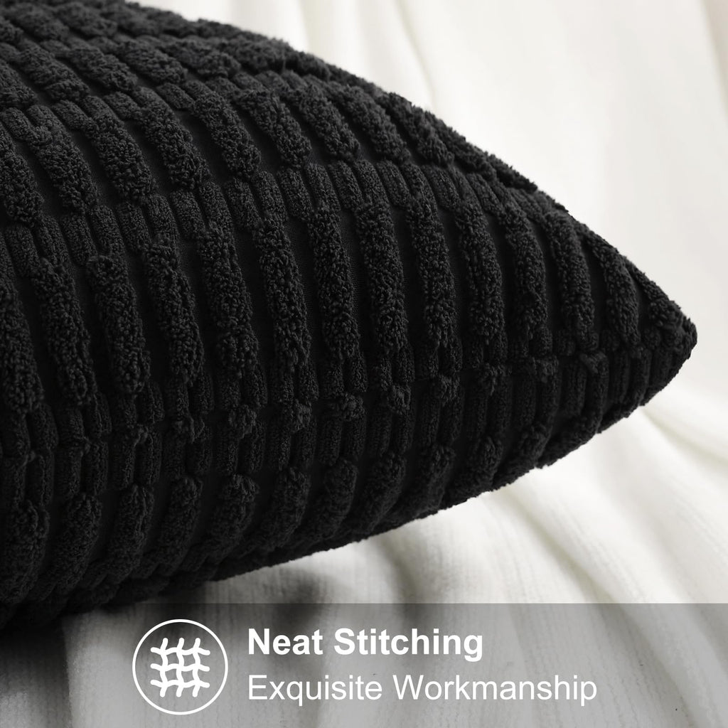 Decoruhome Black Decorative Throw Pillow Covers 24X24 Set Of 2, Soft Corduroy Striped Square Pillow Covers For Couch Living Room Bed Sofa
