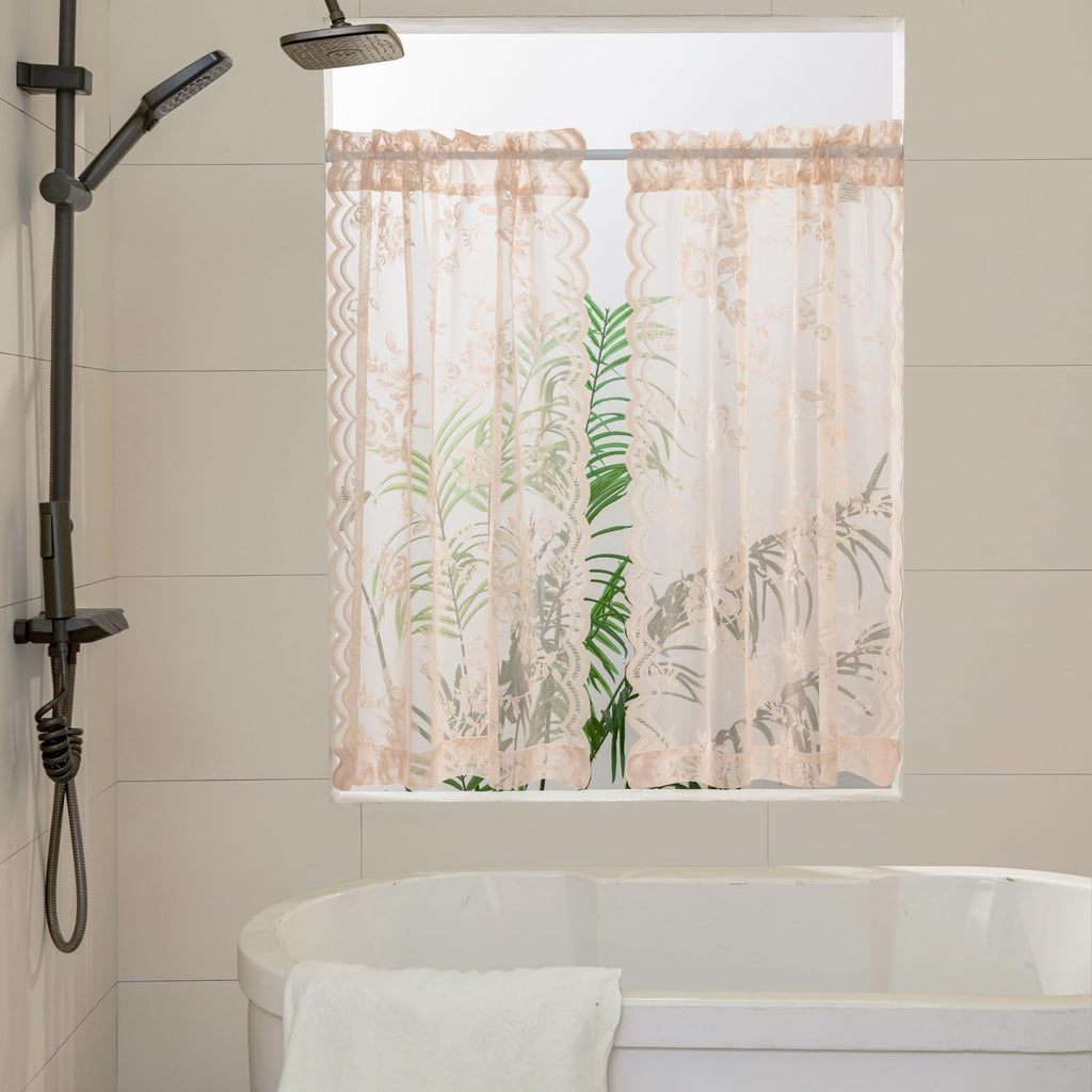 Seekright Blush Pink Kitchen Curtains 30 Inch Length Rod Pocket Light Filtering Sheer Lace Cafe Curtains 2 Panels Set Modern Flo