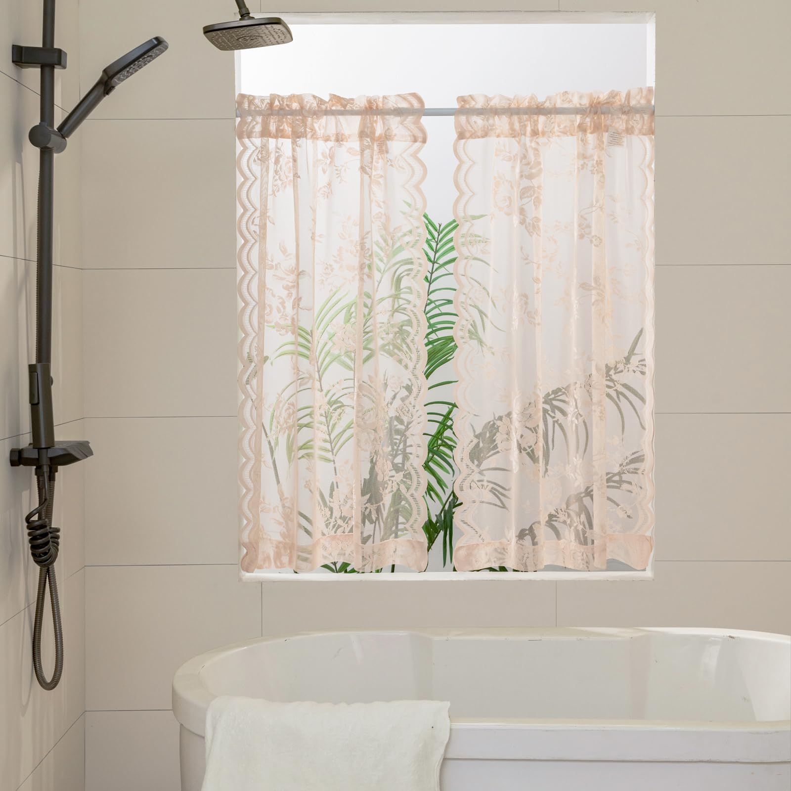 Seekright Blush Pink Kitchen Curtains 30 Inch Length Rod Pocket Light Filtering Sheer Lace Cafe Curtains 2 Panels Set Modern Flo