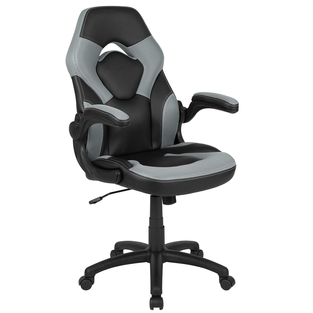 Flash Furniture X10 High-Back Leathersoft Racing Style Gaming Chair With Flip-Up Arms, Ergonomic Padded Swivel Computer Chair, Gray/Black