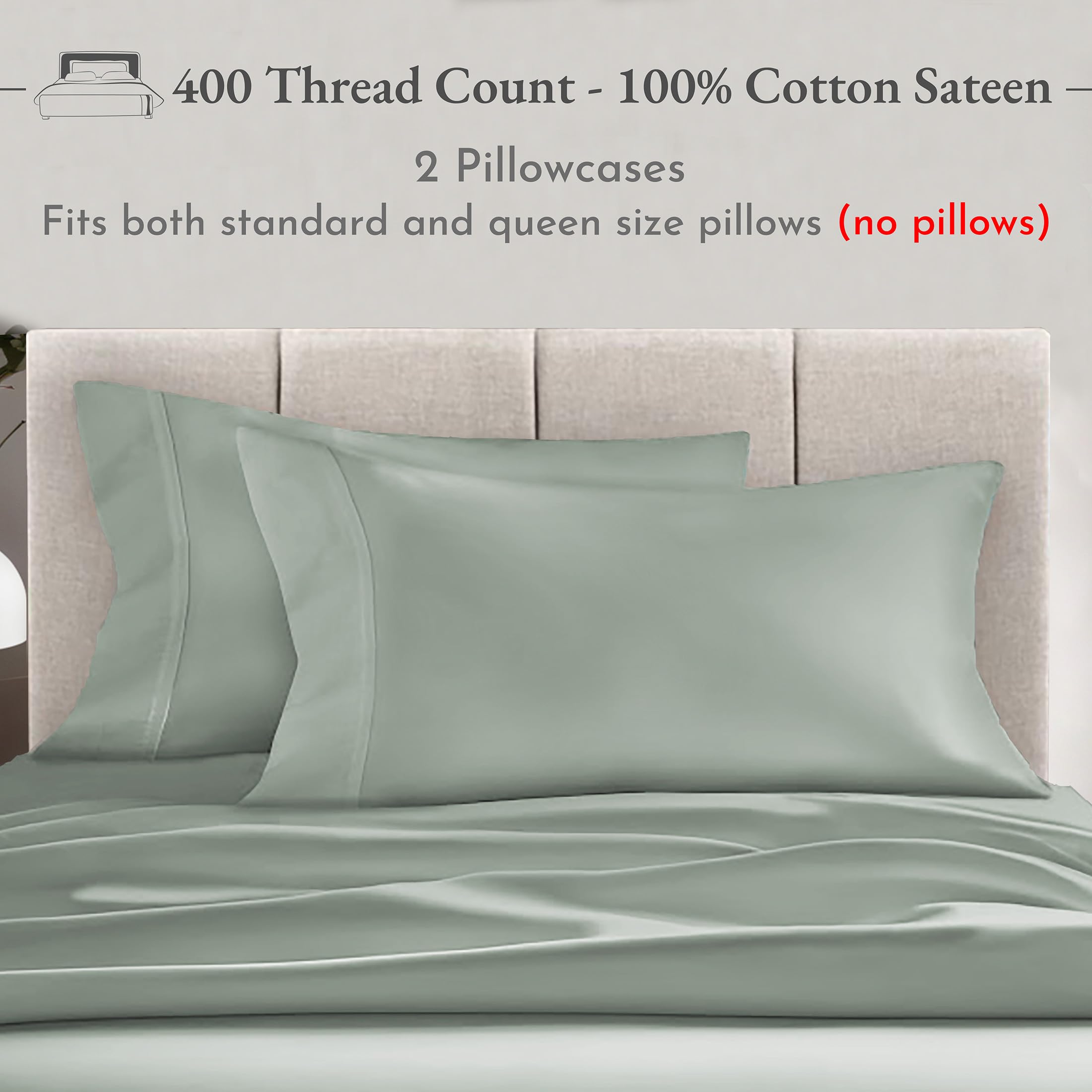 California Design Den 100% Cotton Pillowcases, Pillow Case Set Of 2, Fits Standard & Queen Pillows, Luxury 400 Thread Count Sateen Pillowcases, Match With Our 400 Thread Count Sheets (Sage Green)