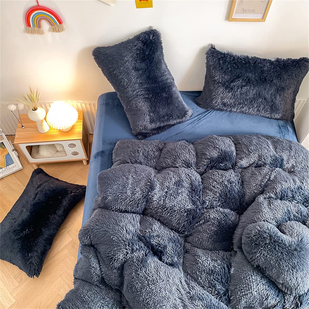 Chovy Faux Fur Plush Navy Blue Comforter Sets Twin/Full Size - Ultra Soft Shaggy Flannel Velvet Fluffy Fuzzy 3Pc Bedding Set (Co