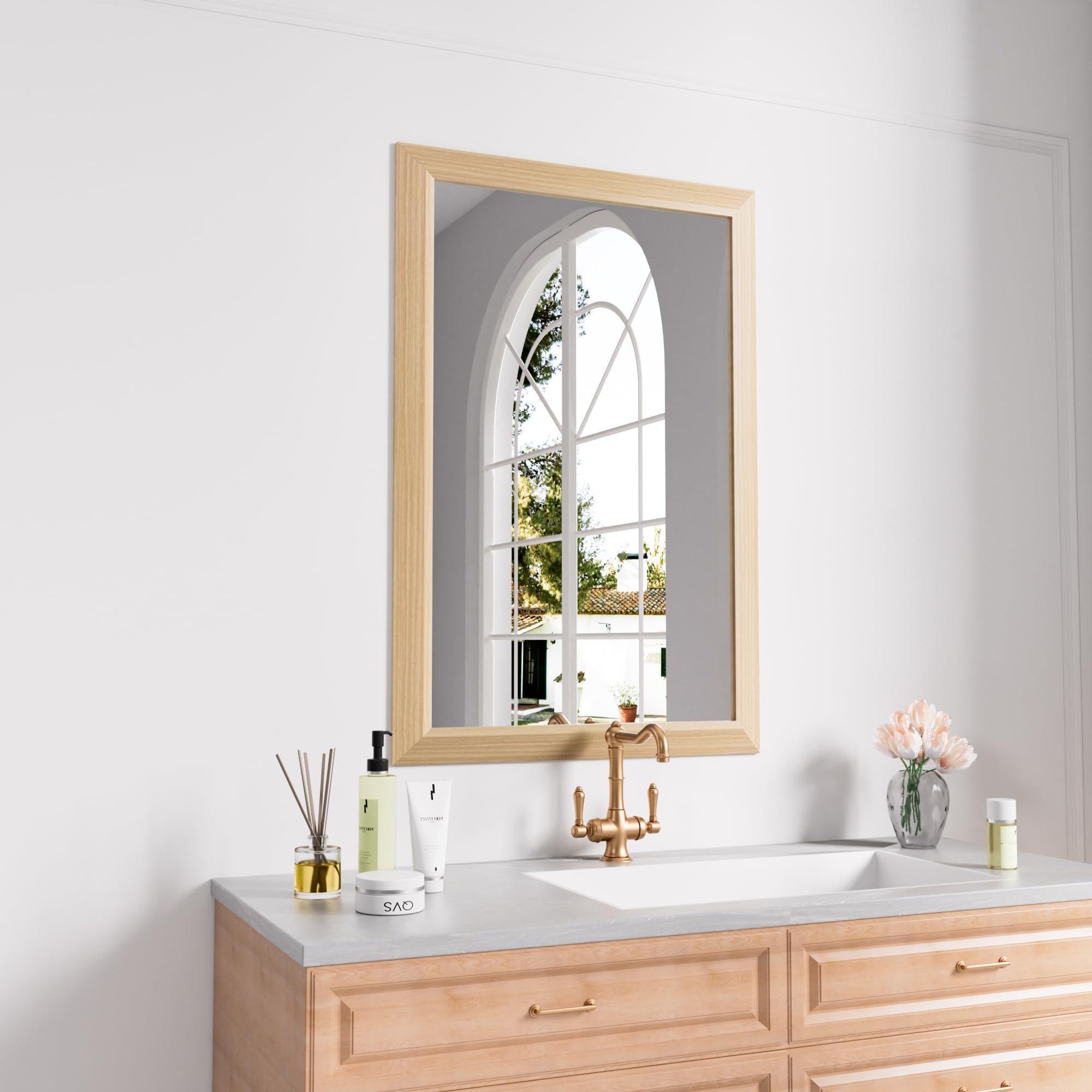 Amorho 24x36 Inch Bathroom Mirror for Wall, Oak Wood Grain Metal Framed Mirror, Anti-Rust, Hang Horizontally/Vertically, Suitabl