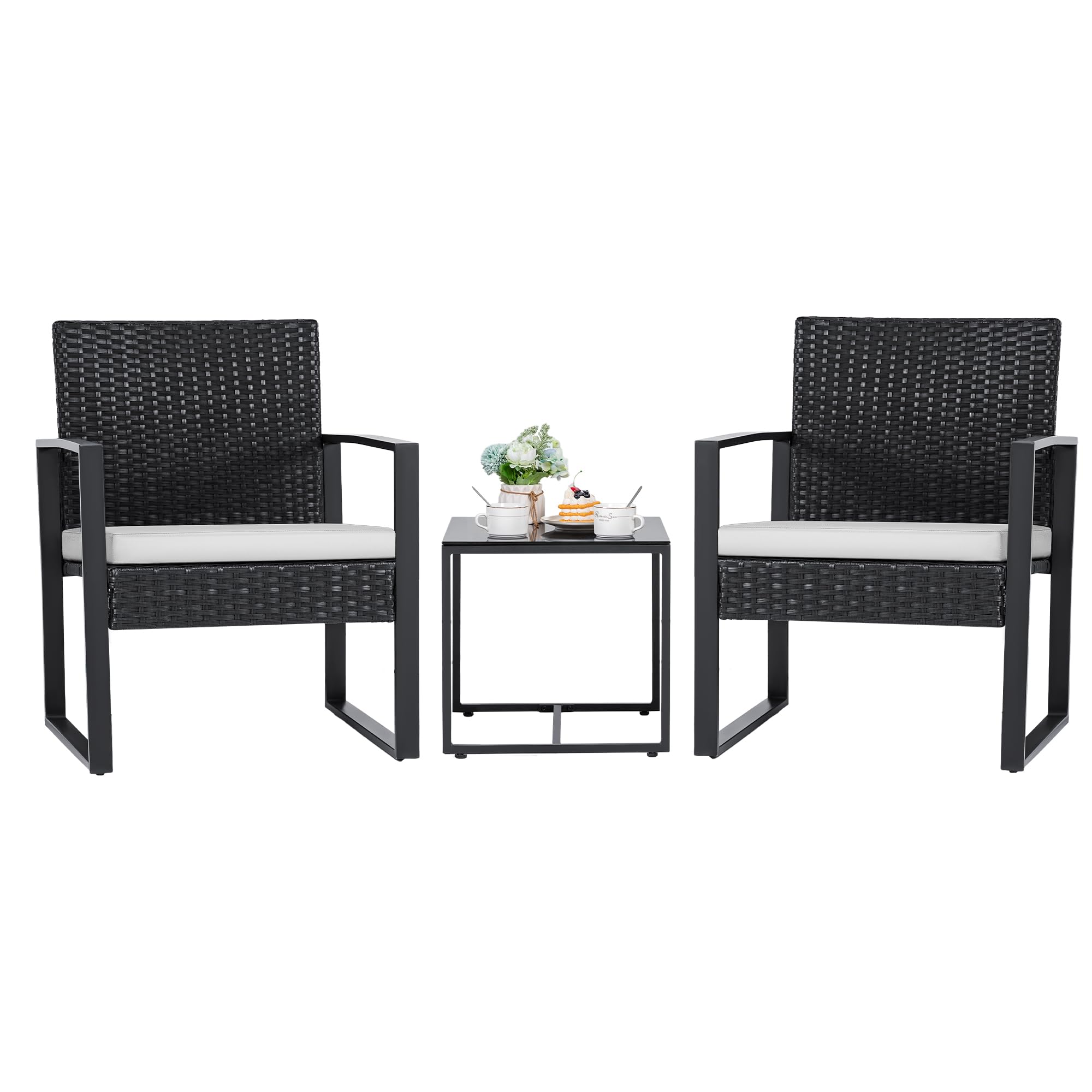 Flamaker 3 Pieces Patio Furniture Outdoor Wicker Modern Rattan Chair Conversation Sets With Coffee Table For Yard, Bistro(White)