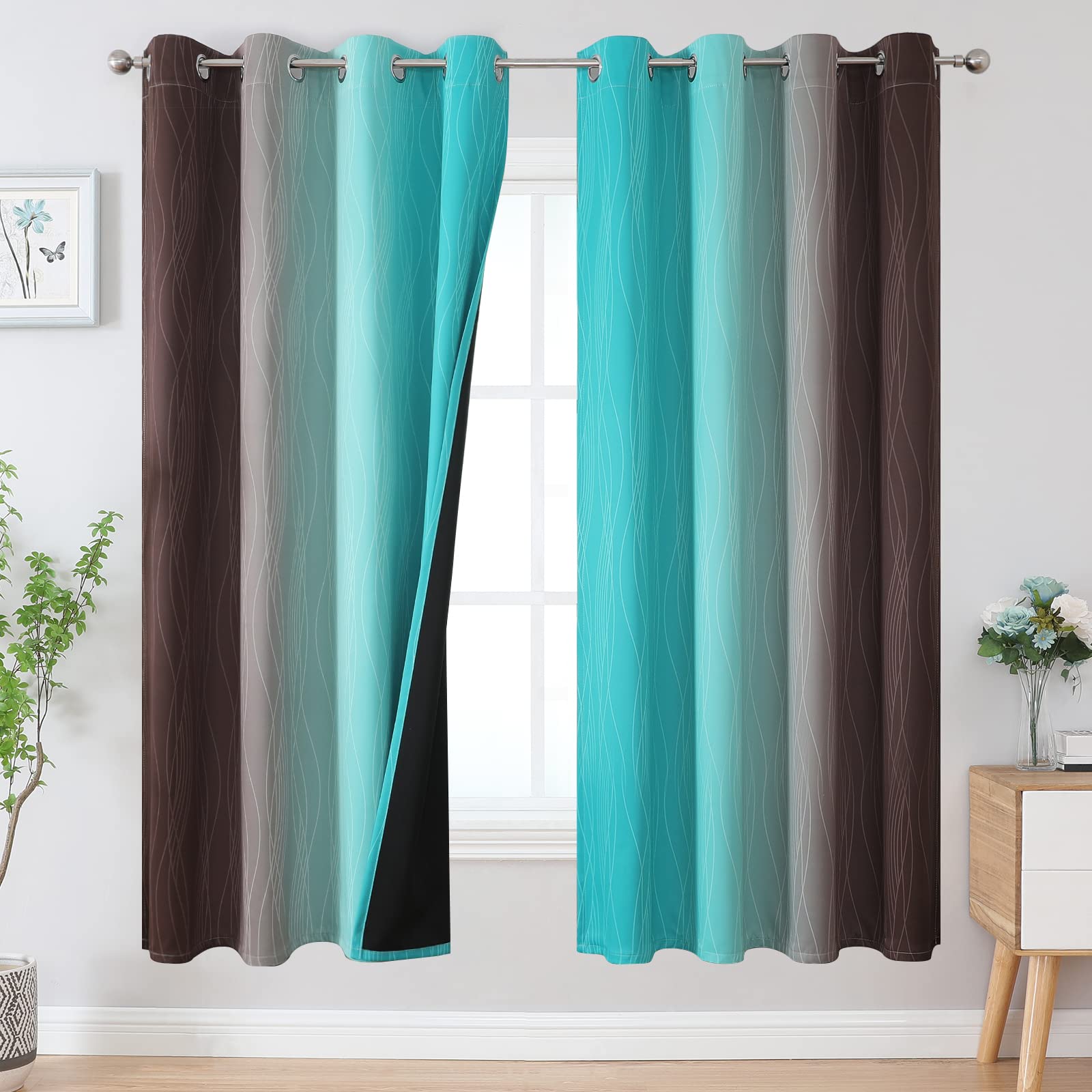Estelar Textiler Teal And Brown Ombre Blackout Curtains 72 Inches Length For Bedroom, Thermal Insulated Full Light Blocking Grom