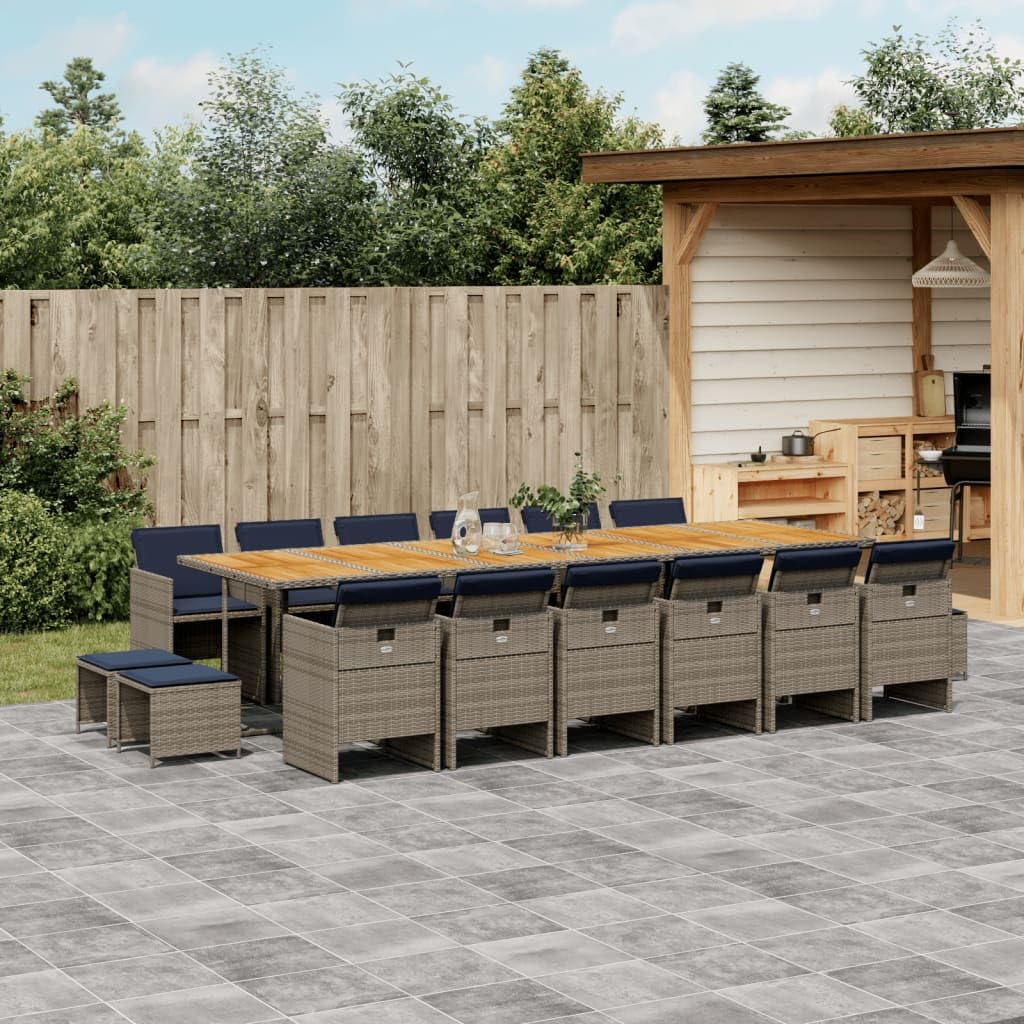vidaXL Patio Dining Set with Cushions - 17 Piece Outdoor Furniture - Gray PE Rattan & Acacia Wood Tabletop for Garden, Backyard, Deck - Space-Saving Design