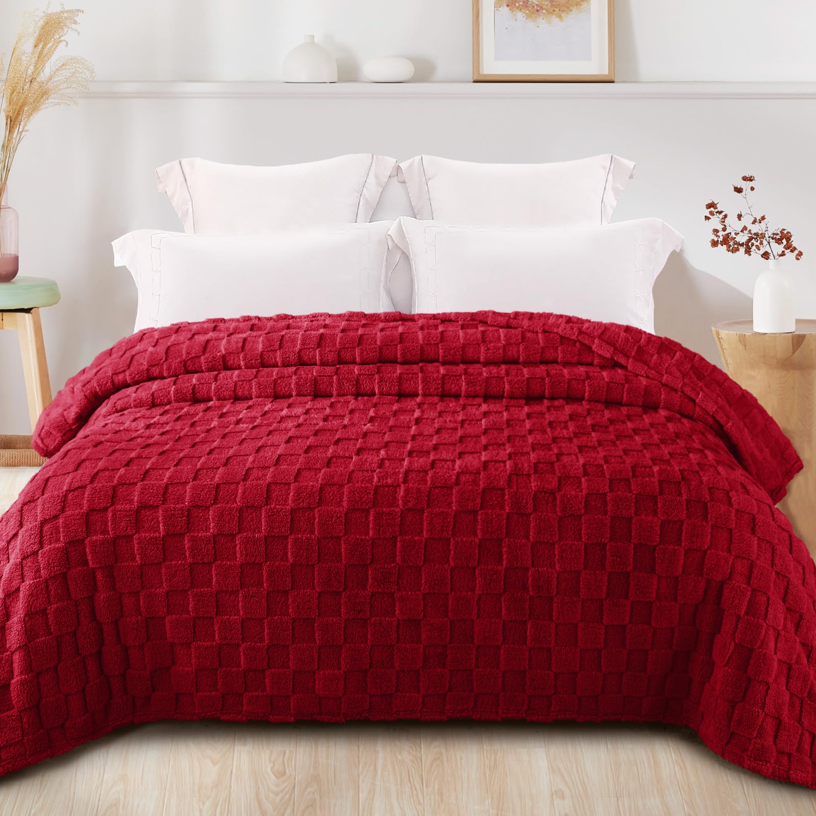 Exclusivo Mezcla King Size Flannel Fleece Blanket, Super Soft 3D Checkered Jacquard Bed Blanket, Cozy Fluffy Lightweight Blanket