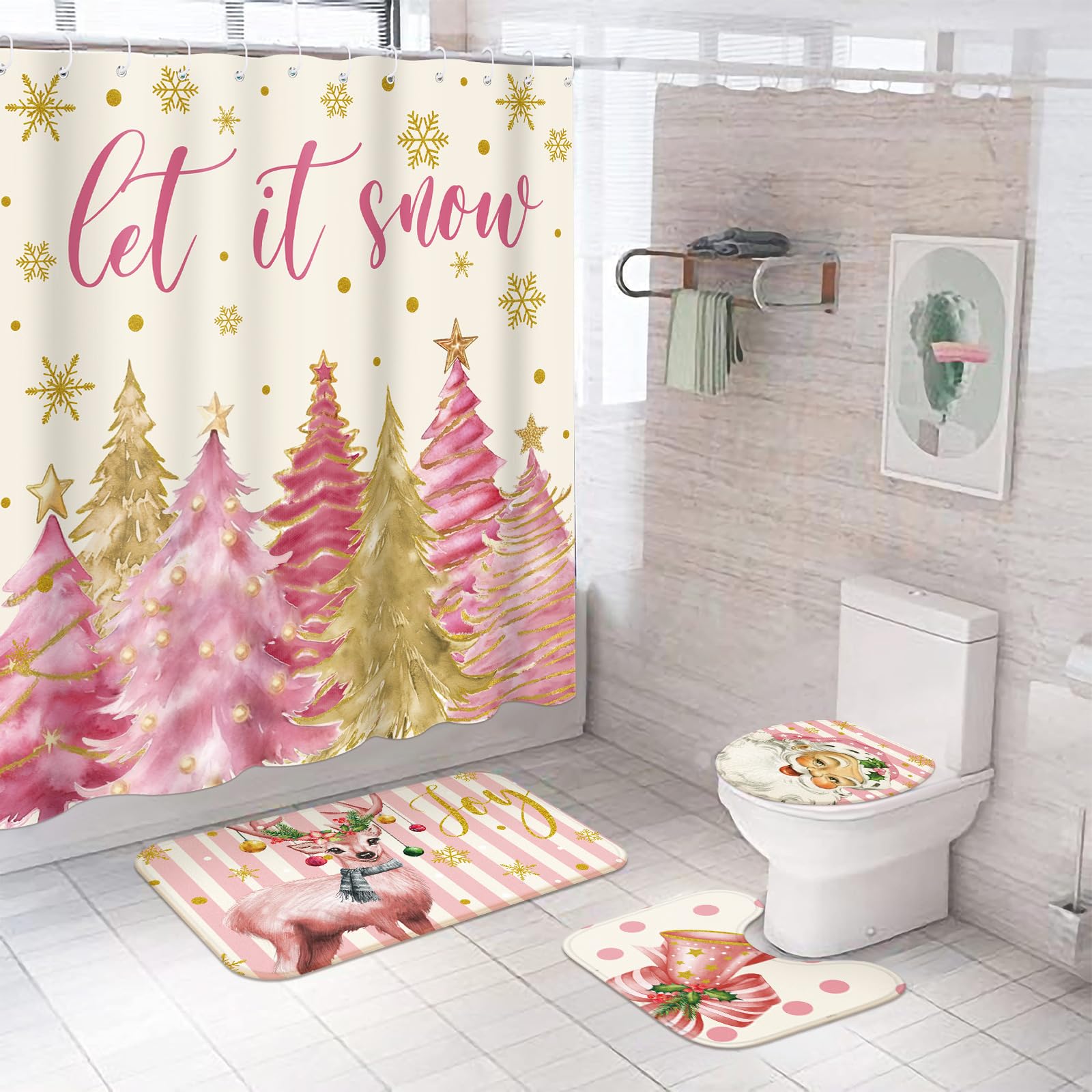 Preboun Pink Christmas Tree Shower Curtain Set 72 x 72 in Xmas Bathroom Curtain with 12 Hooks Non Slip Rug Toilet Lid Cover and 
