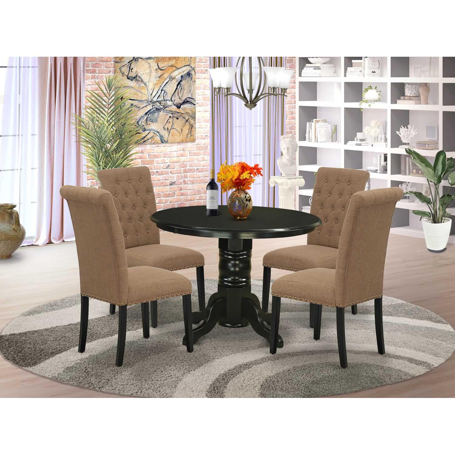 East West Furniture Shbr5-Blk-17 5 Piece Dining Room Furniture Set Includes A Round Kitchen Table With Pedestal And 4 Light Sable Linen Fabric Parson Dining Chairs, 42X42 Inch, Black