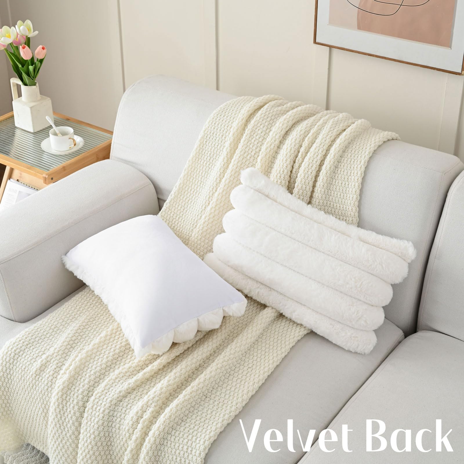 Futei Cream White Decorative Throw Pillow Covers 12X20 Inch Set Of 2, Square Soft Faux Rabbit Fur Big Striped Cushion Cover,Home