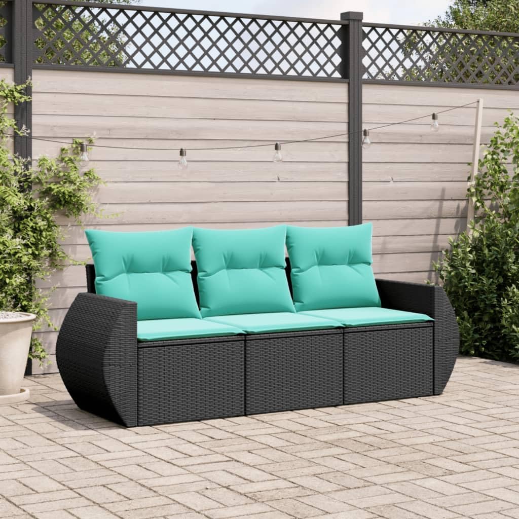 vidaXL Patio Sofa Set with Cushions - Outdoor 3 Piece Black Poly Rattan Furniture with Storage, Blue Removable Cushions, Modular Patio Seating, Weather-Resistant