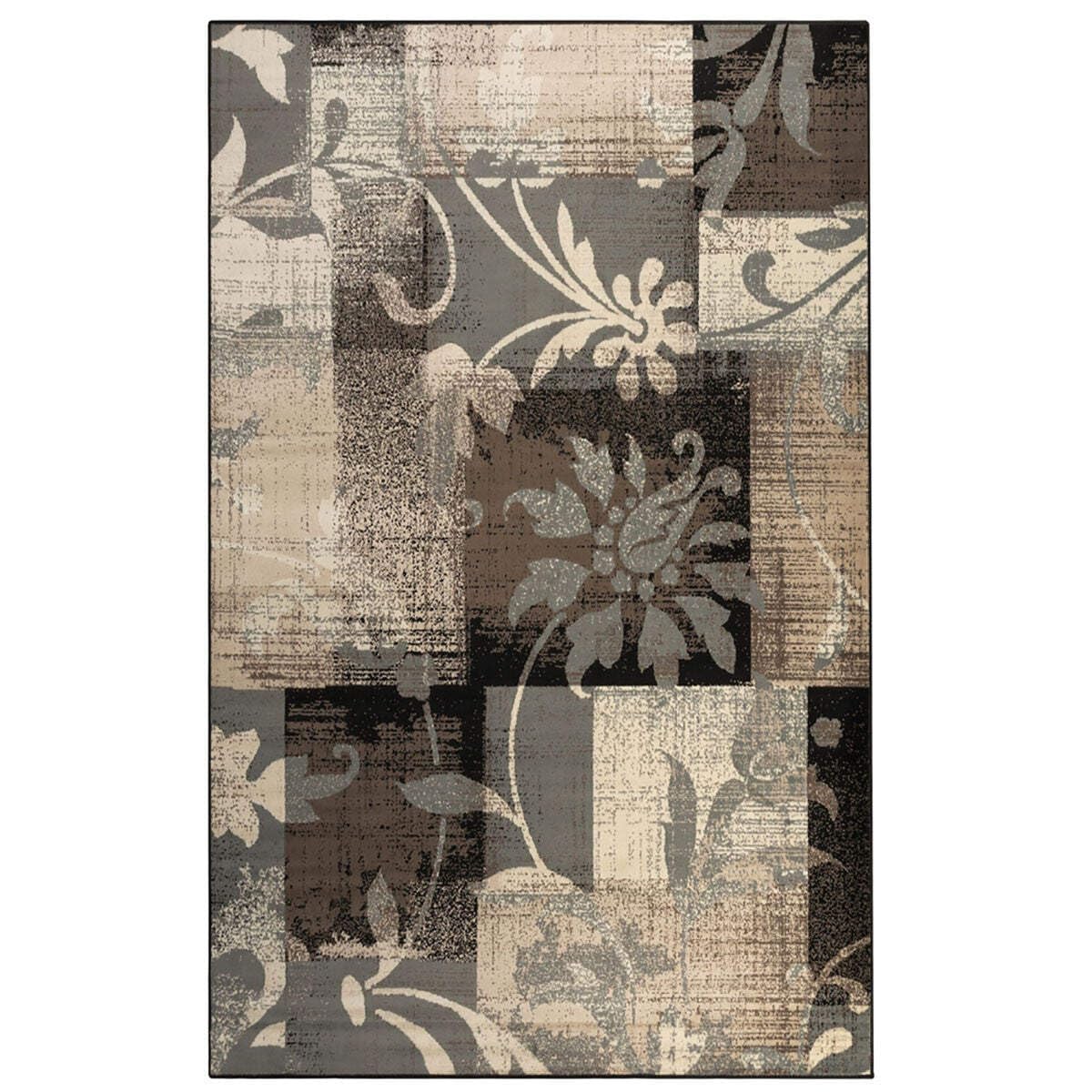 4' X 6' Beige And Gray Floral Power Loom Distressed Stain Resistant Area Rug