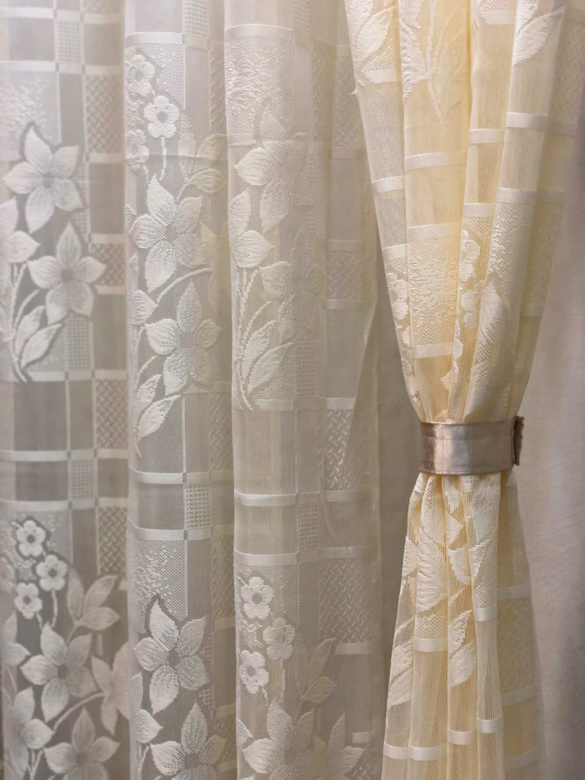 Fabrilia Heavy Polyester Net Semi Transparent Fancy Grommet Semi Sheer Curtains , Floral Design, Cream, Window 4 Feet X 5 Feet,