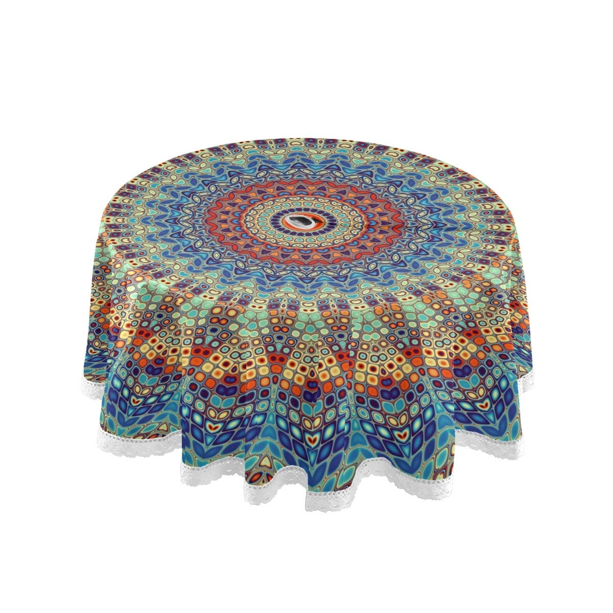 Qilmy Mandala Outdoor Tablecloth 60 Inch Waterproof Round Tablecloth With Umbrella Hole And Zipper For Backyard Party Bbq Decor