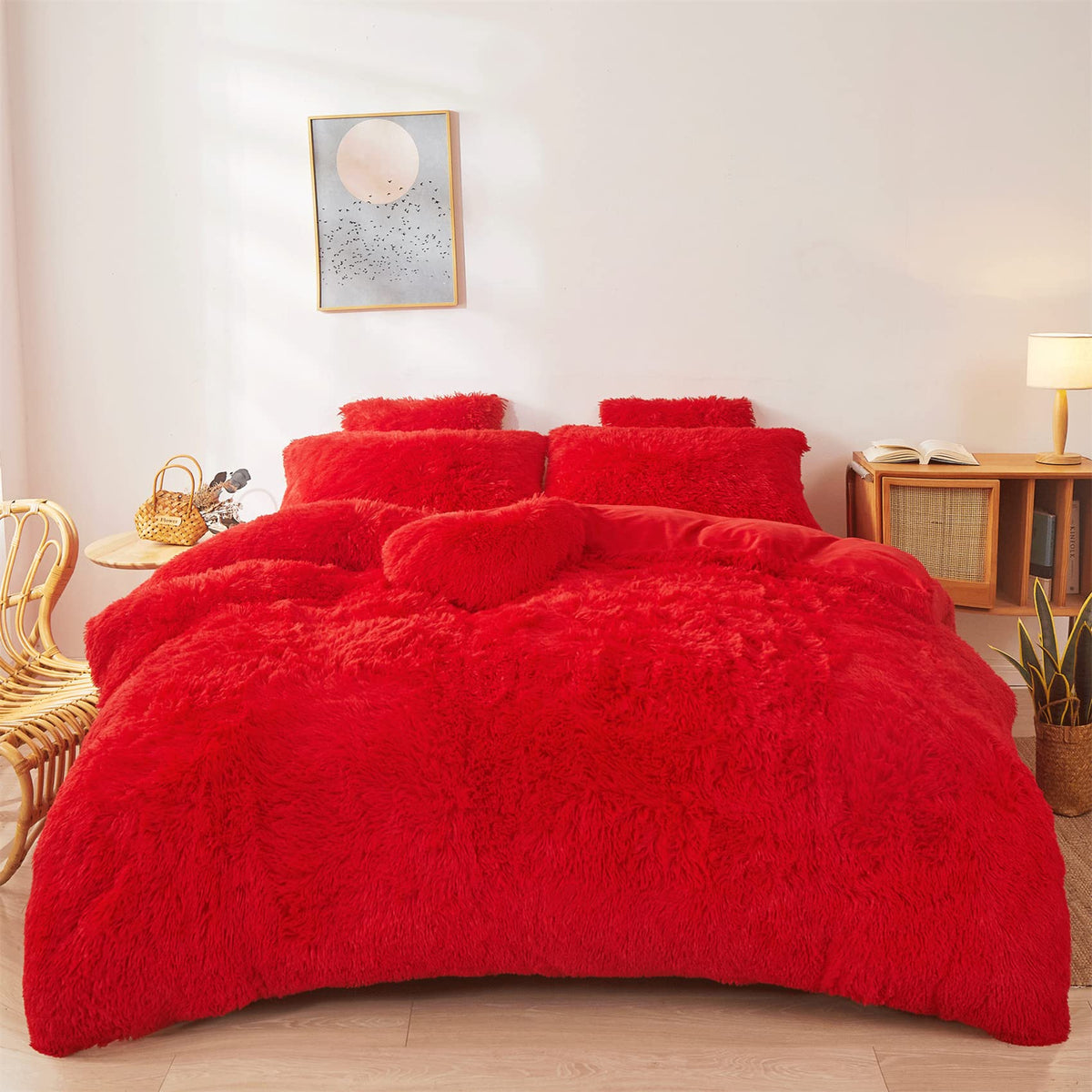 Foppa Christmas Red Comforter Cover Set Queen - Ultra Soft Plush Red Bedding Sets 3 Pieces (1 Faux Fur Duvet Cover + 2 Faux Fur