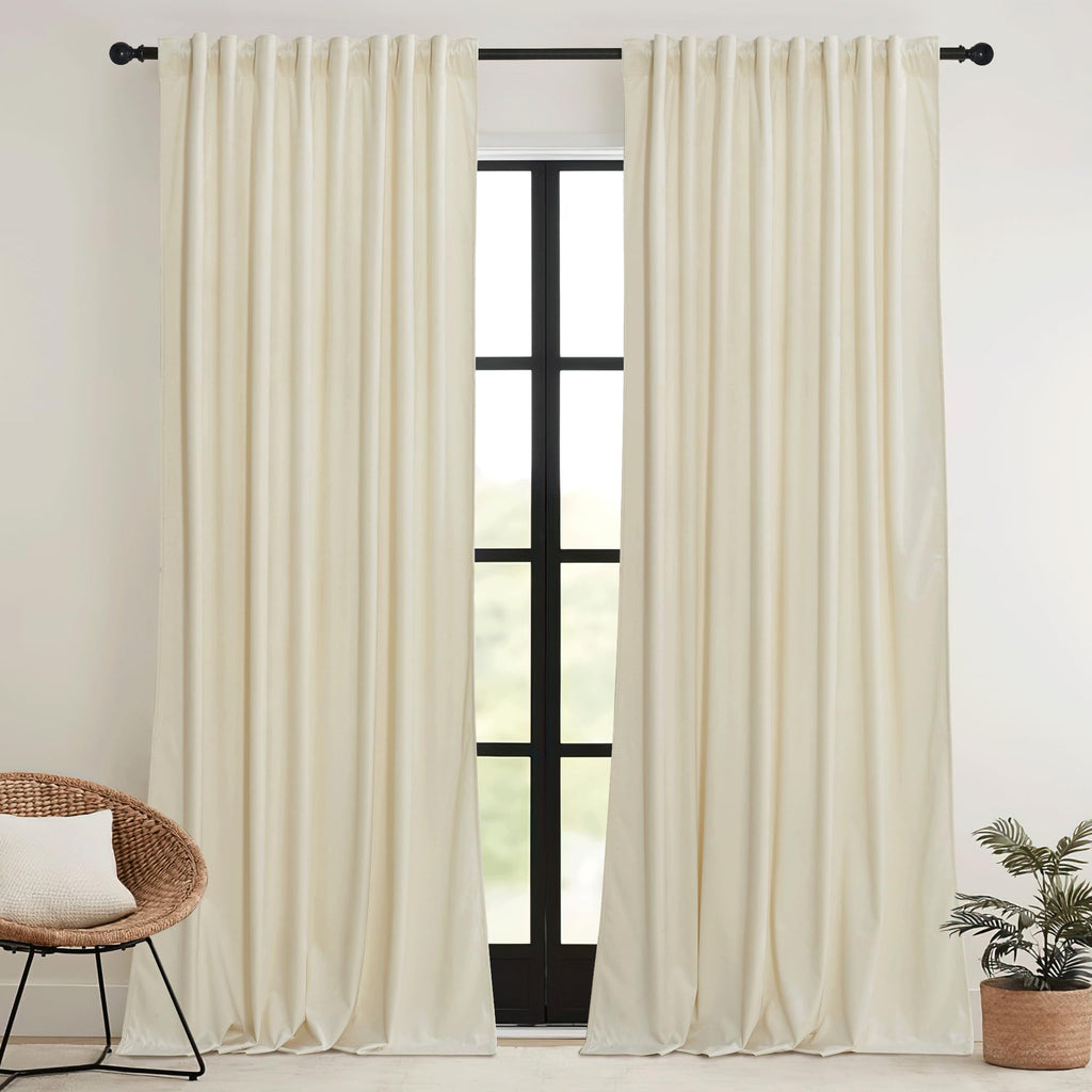 Ryb Home 90 Inches Beige Velvet Curtains - Rod Pocket & Back Tab Super Soft Winter Window Panels Privacy Theraml Insulted Drapes For Bedroom Bathroom, W52 X L90, 1 Pair