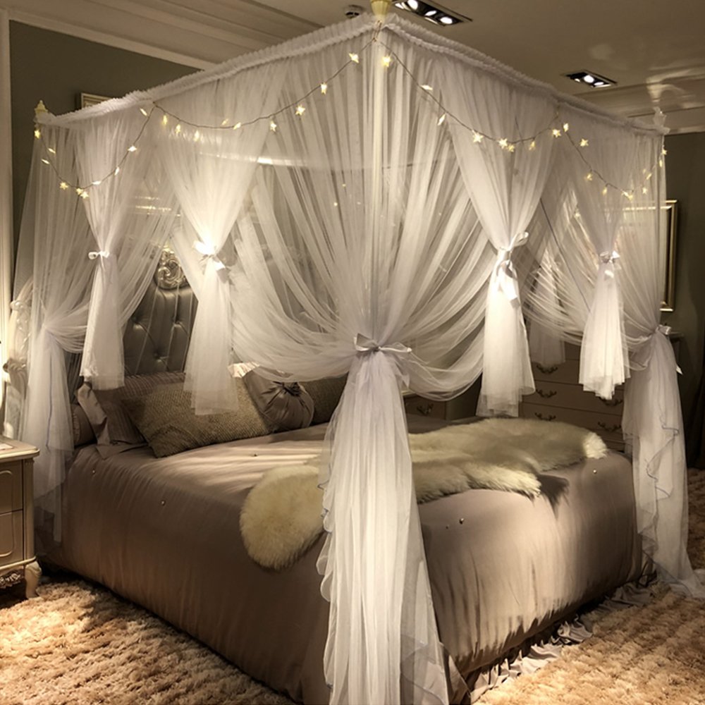 Joyreap 4 Corners Post Canopy Bed Curtain For Girls & Adults - Royal Luxurious Cozy Drapes - Cute Princess Bedroom Decoration Ac