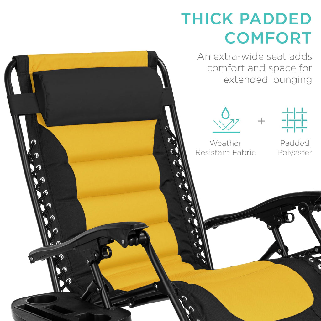 Best Choice Products Oversized Padded Zero Gravity Chair, Folding Outdoor Patio Recliner, Xl Anti Gravity Lounger For Backyard W/Headrest, Cup Holder, Side Tray, Polyester Mesh - Black/Yellow
