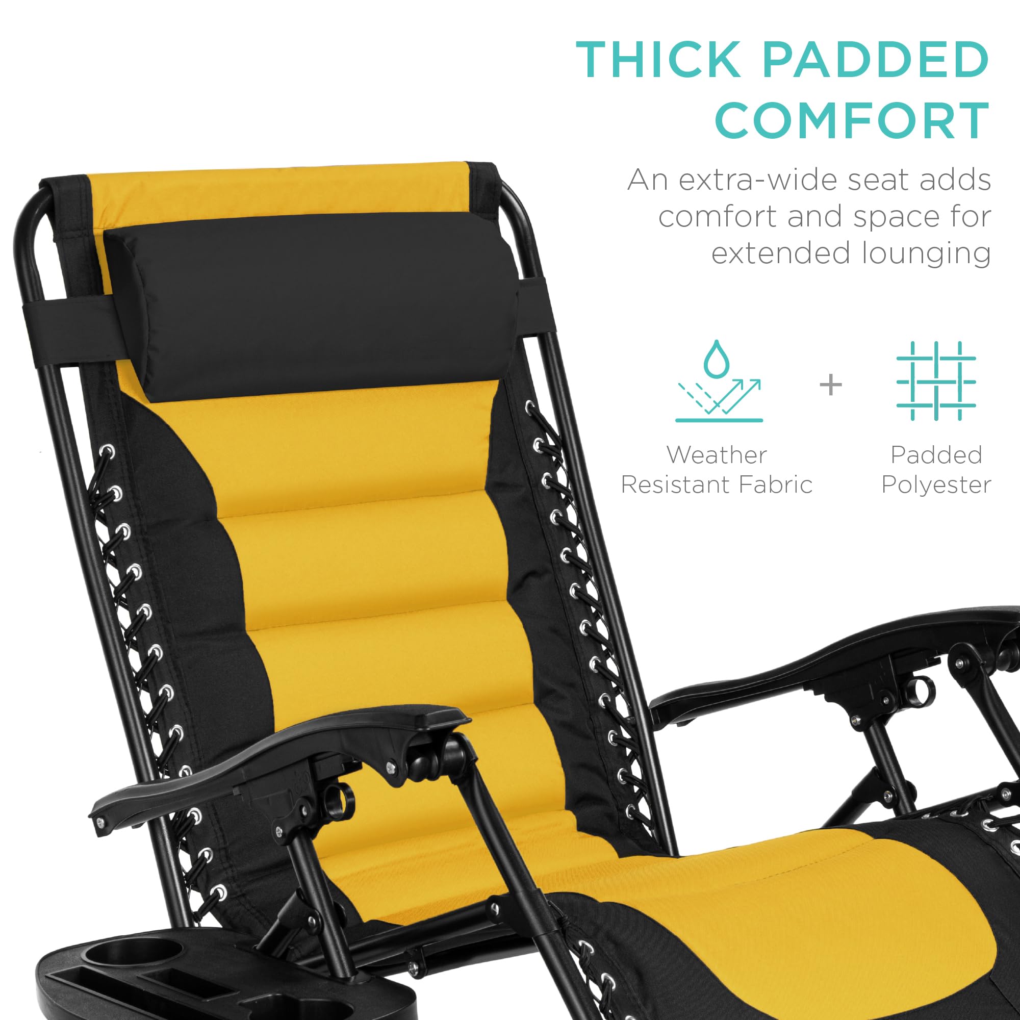 Best Choice Products Oversized Padded Zero Gravity Chair, Folding Outdoor Patio Recliner, Xl Anti Gravity Lounger For Backyard W/Headrest, Cup Holder, Side Tray, Polyester Mesh - Black/Yellow