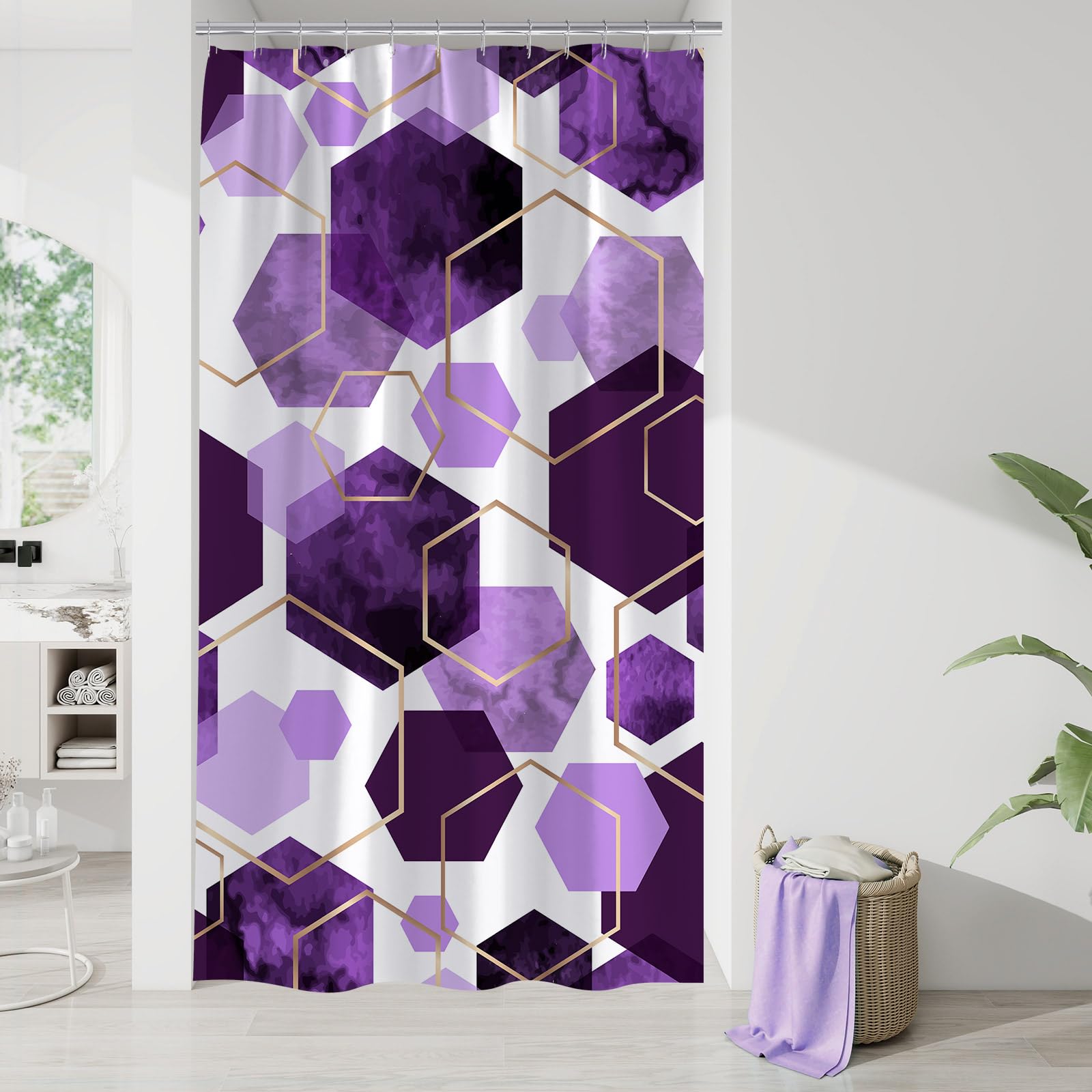 Litabel Modern Small Stall Shower Curtain For Bathroom, Purple Geometric Art Decor Waterproof Bath Curtain, Abstract Fabric Show
