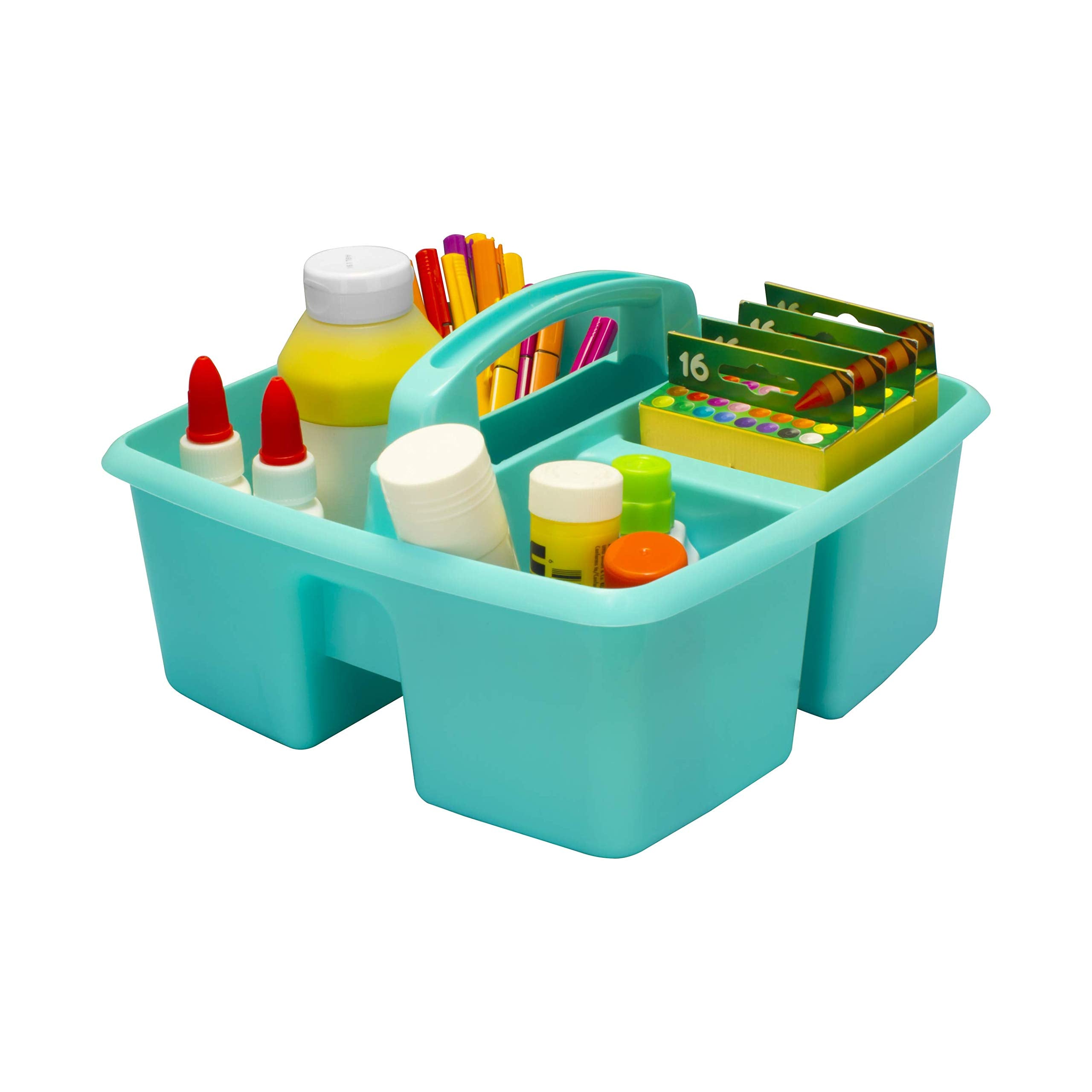 Storex 3-Compartment Small Caddy - Multipurpose Classroom Organizer With Handle, Aquamarine, 6-Pack (00952A06C)