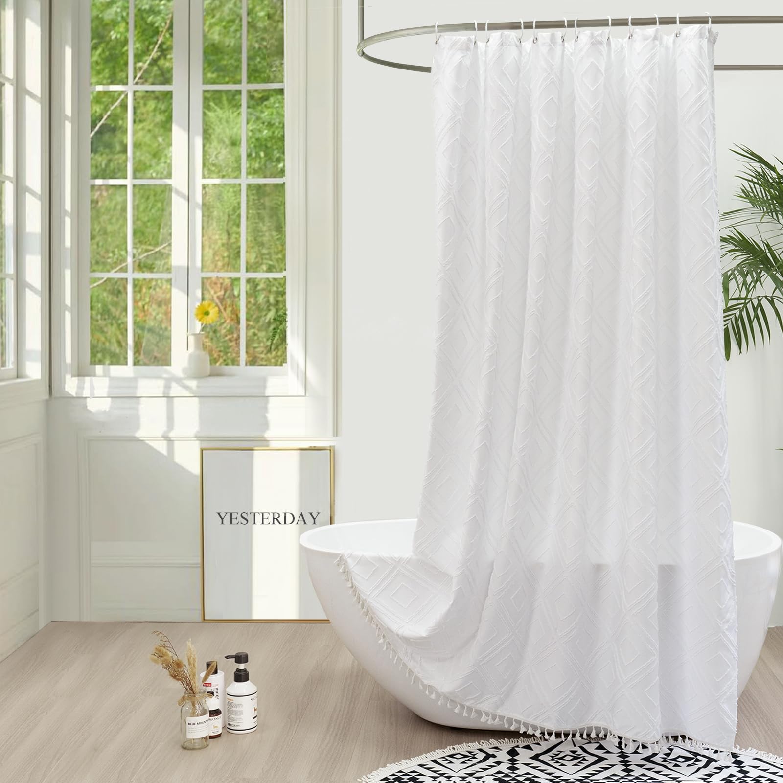 Eurcross Long White Boho Fabric Shower Curtain For Farmhouse, 72X78 Inches Length Soft & Elegant Tufted Textured Cloth Shower Cu