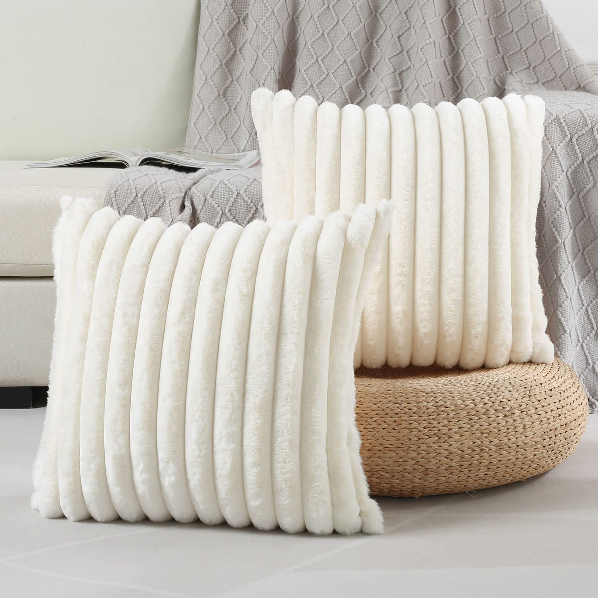 Futei Cream White Striped Decorative Throw Pillow Covers 18X18 Inch Set Of 2,Square Spring Decorations Couch Pillow Case,Soft Co