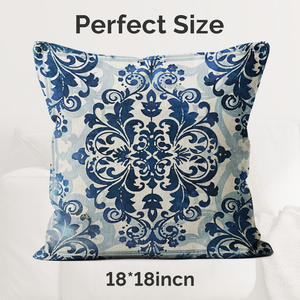 M-Qizi Blue Throw Pillow Covers - Linen Blue Pillow Covers 18X18 Set Of 4, Decorative Blue And White Pillow Covers, Chinoiserie
