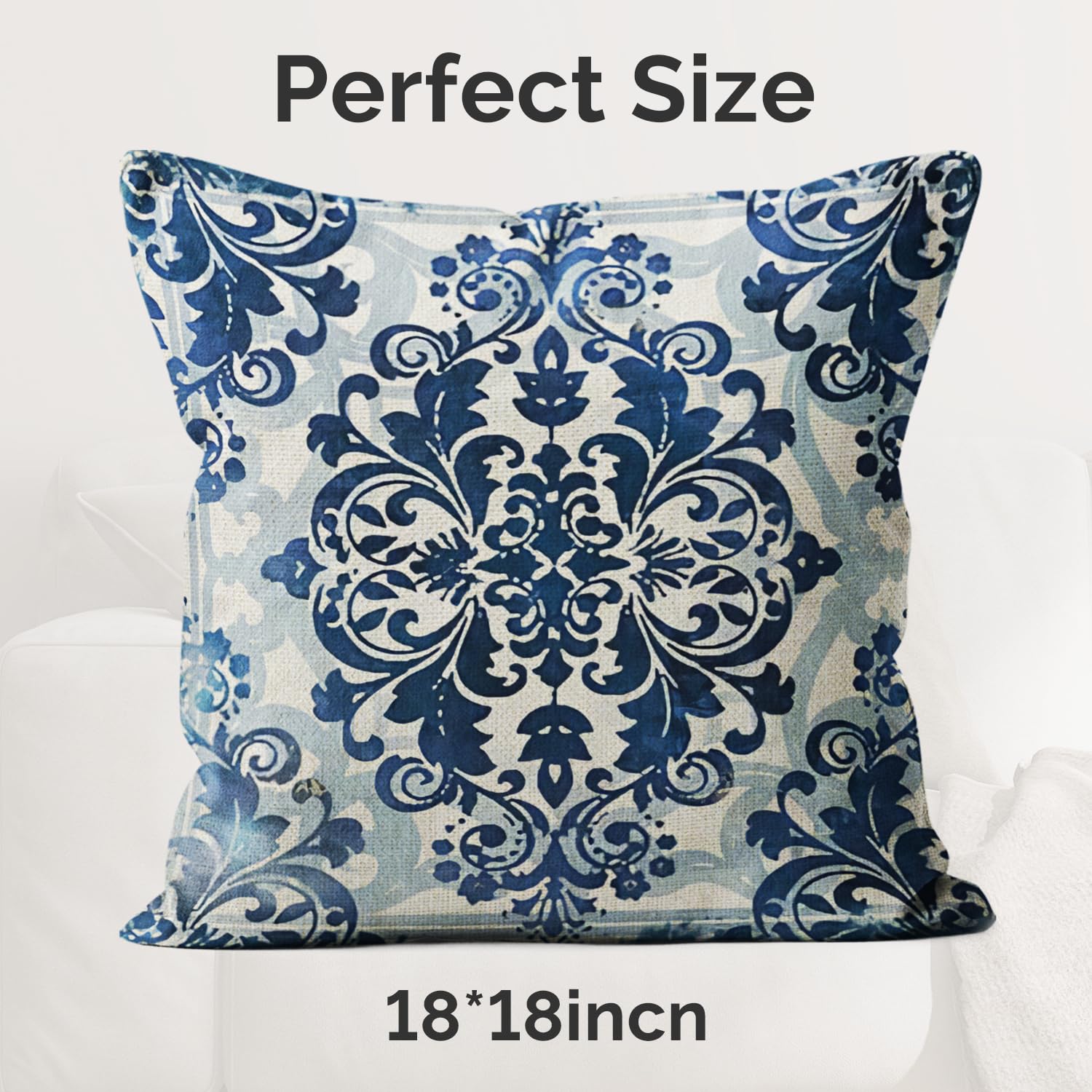 M-Qizi Blue Throw Pillow Covers - Linen Blue Pillow Covers 18X18 Set Of 4, Decorative Blue And White Pillow Covers, Chinoiserie