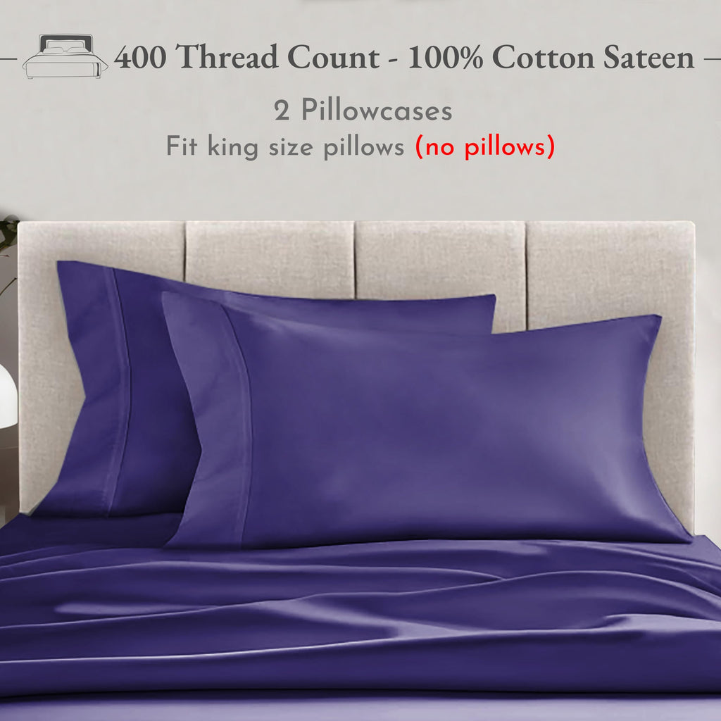 King Size Pillowcase Set - 400 Thread Count, 100% Cotton Sateen, Luxury Set Of 2 Pillow Covers, Breathable, Cooling, Extra Soft Pillowcases For Kids, Teens, Women & Men - Dark Purple
