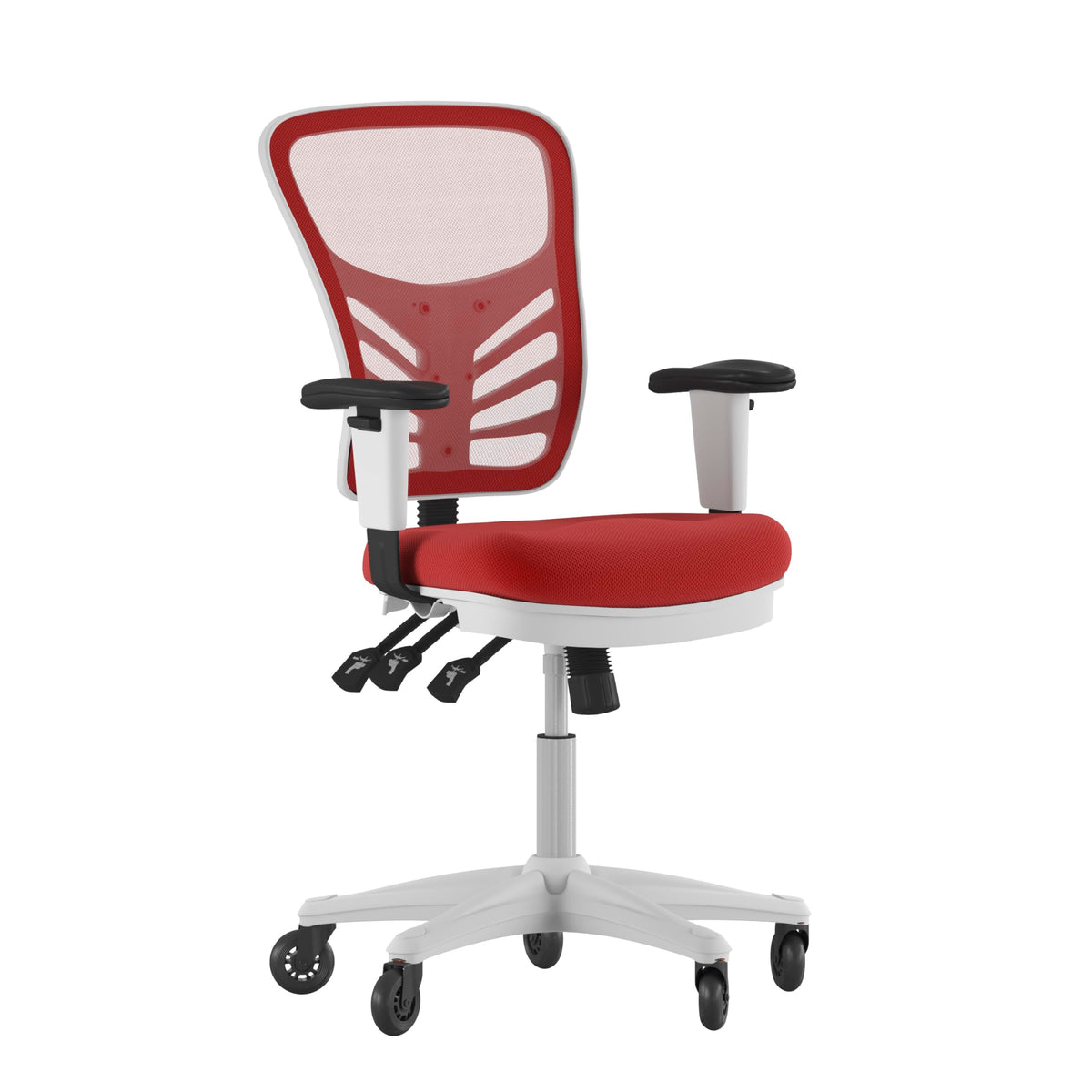 Flash Furniture Nicholas Mid-Back Red Mesh Multifunction Executive Ergonomic Office Chair With Adjustable Arms, Transparent Roller Wheels, And White Frame