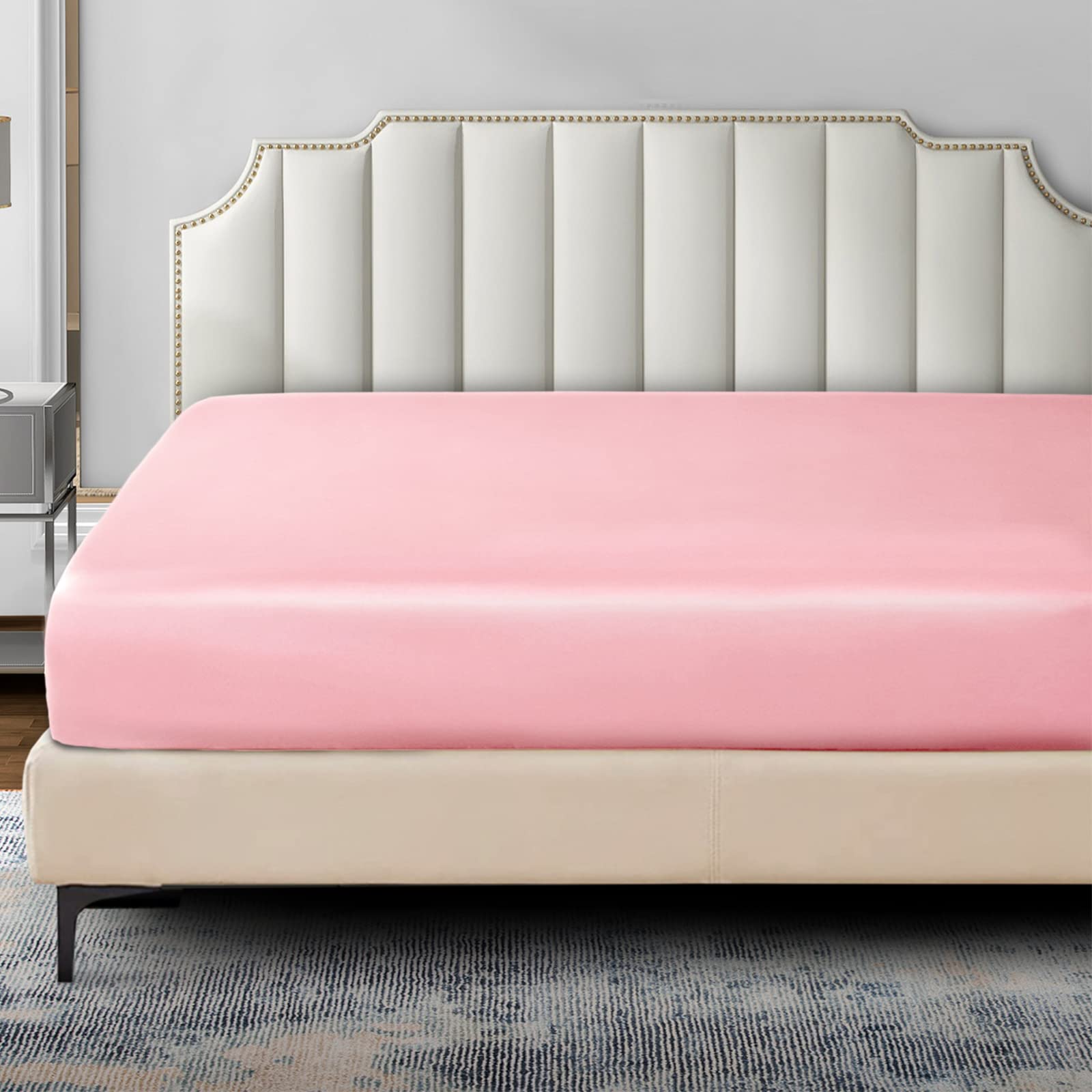 P Pothuiny Satin Fitted Sheet, Silky King Fitted Sheet Only, Blush Pink Fitted Sheet Ultra Soft Deep Pocket Bottom Bed Sheets Si