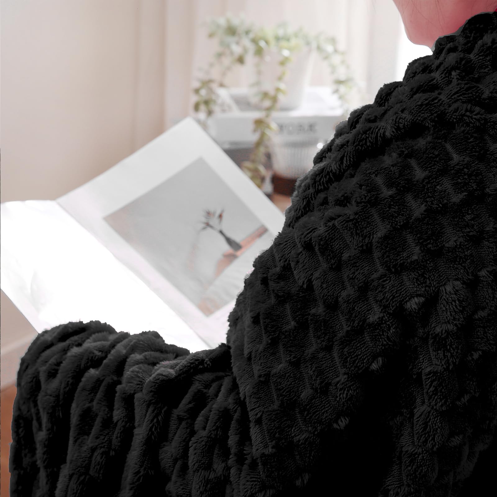 Puncuntex Black Throw Blanket 90''  90'' Inches Fuzzy 3D Jacquard Decorative Flannel Fleece Super Soft Plush Cozy Blanket For Co