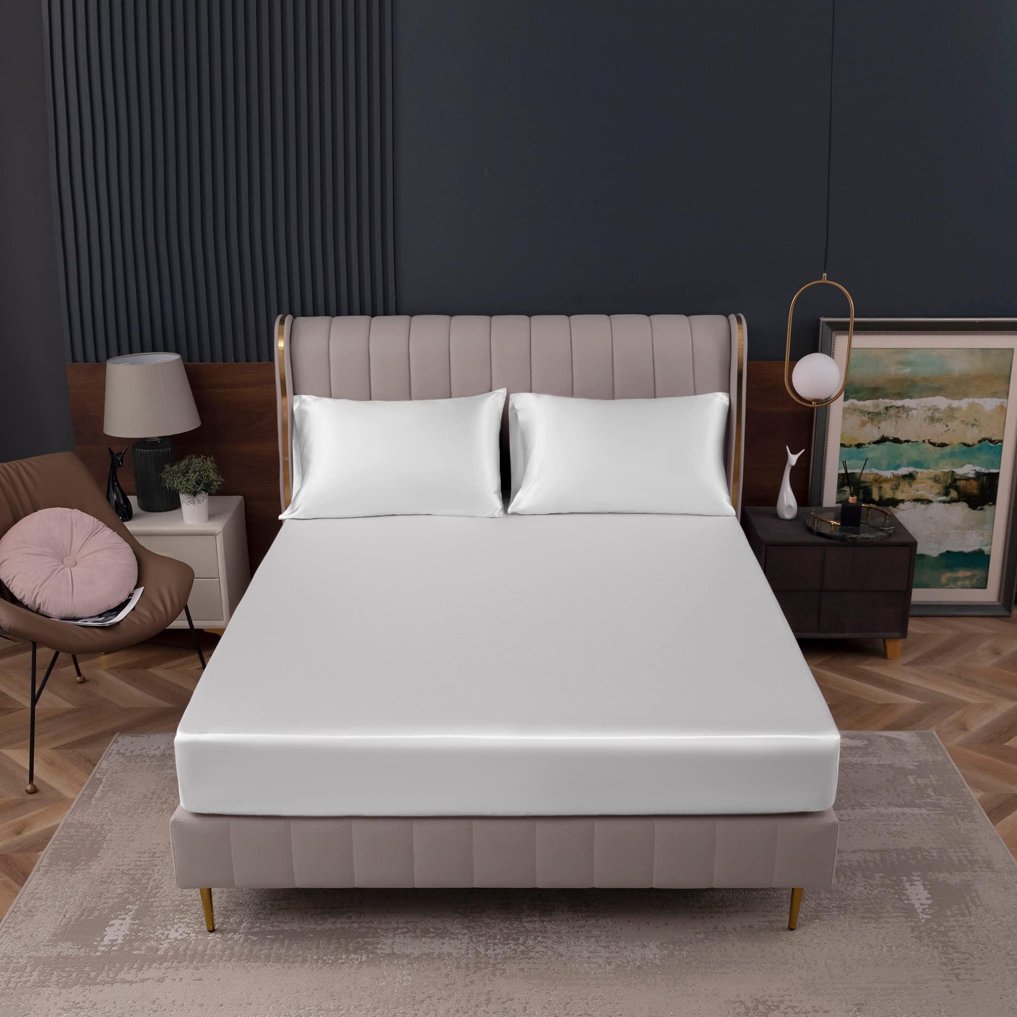 Homiest White Satin Fitted Sheet King Size Fitted Bed Sheet, Deep Pocket Fitted Sheet Only, Luxury & Ultra Soft Bedding Fitted Sheet Single Bottom Bed Sheets Sold Separately