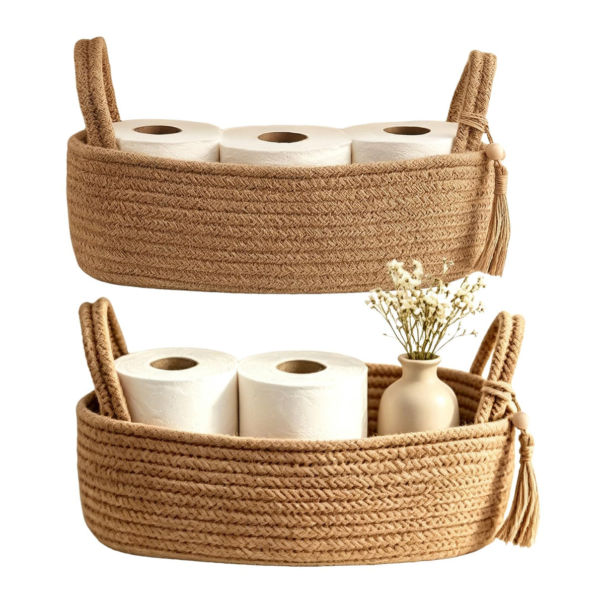 2 pcs Basket for Bathroom, Decorative Toilet Paper Basket  Boho Bathroom Organizer Decor, Jute Cotton Rope Bin with Tassel for 