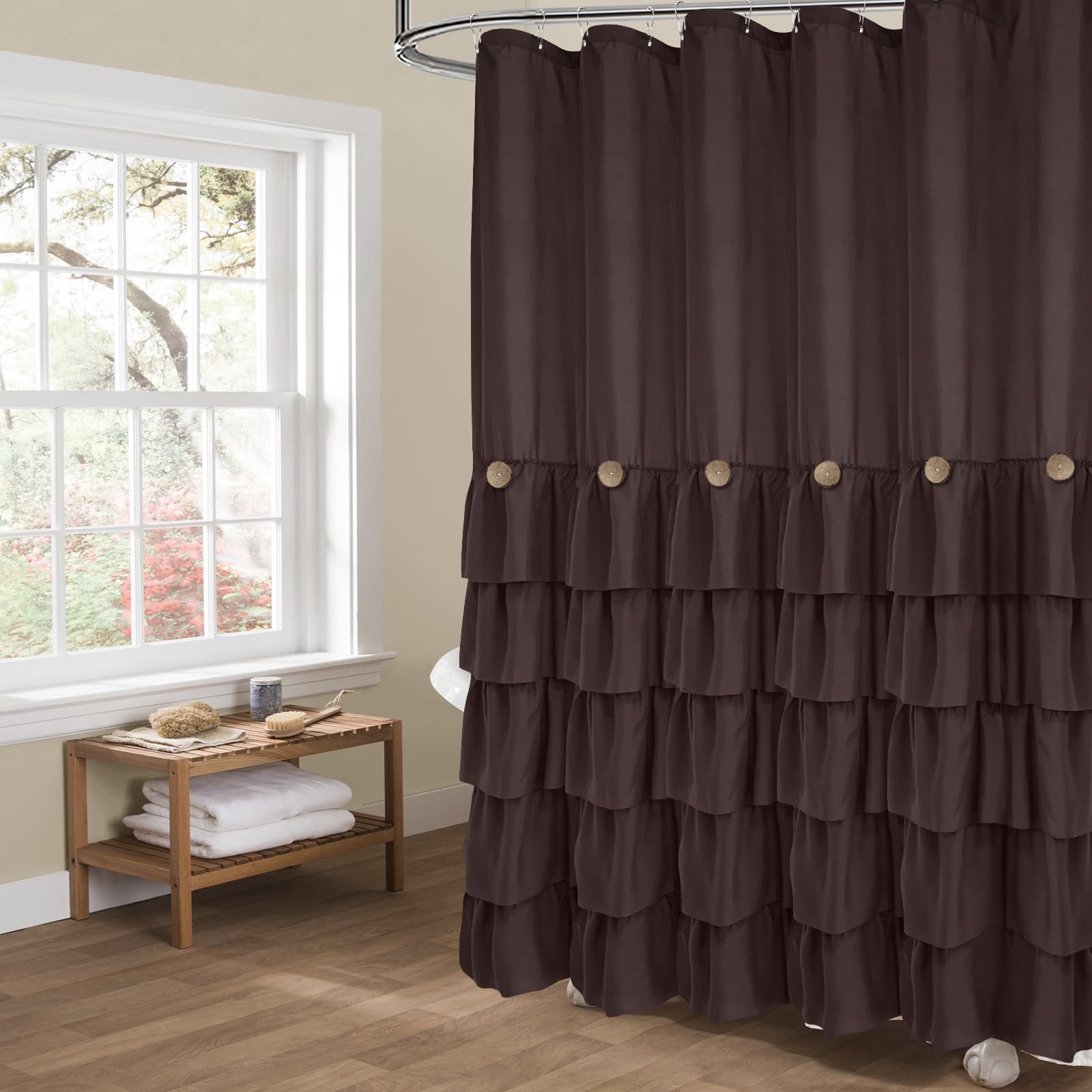 Seasonwood Brown Shower Curtains For Bathroom Dark Brown Shower Curtain Brown Ruffle Shower Curtain Button Farmhouse Style Fabri