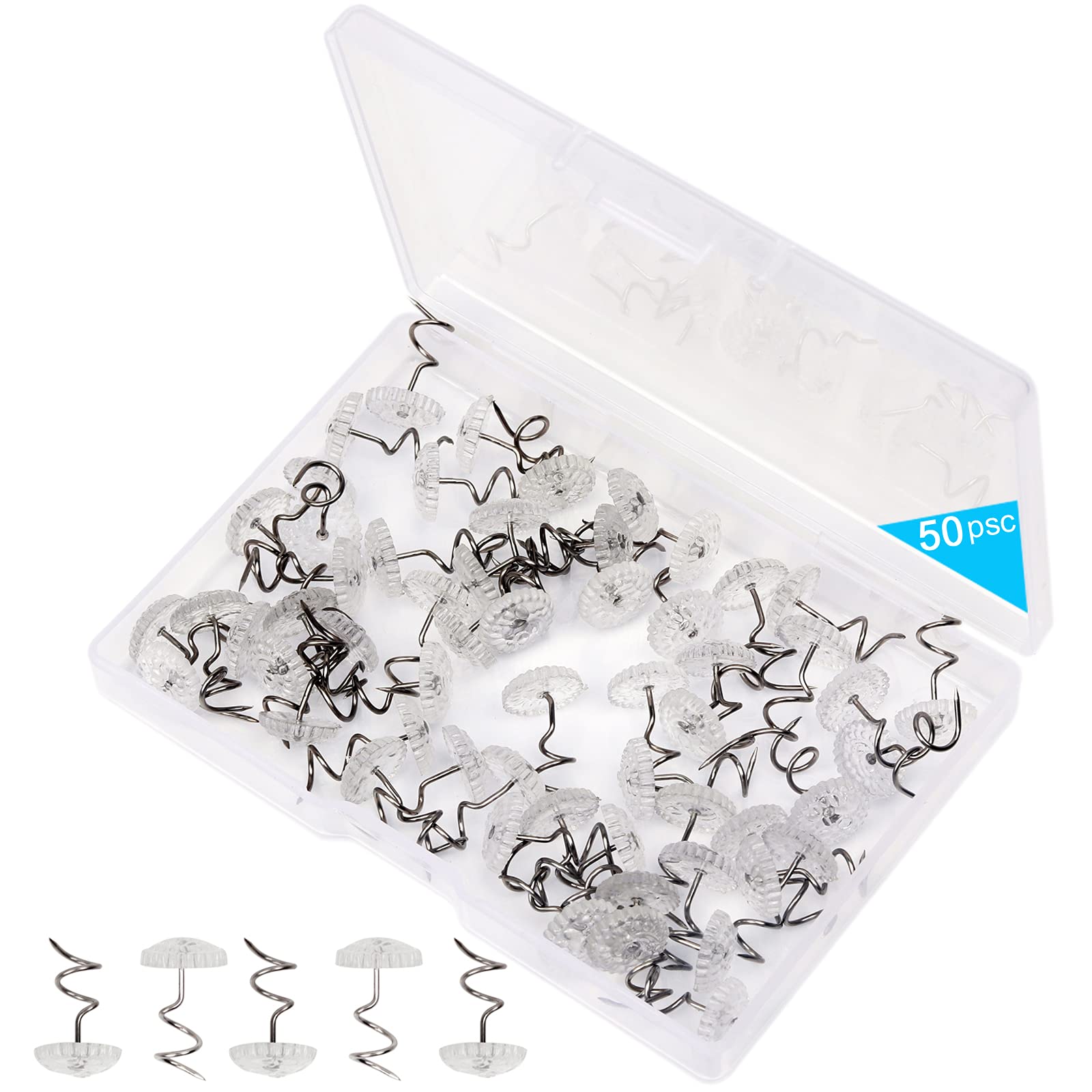 Lesnow Bedskirt Pins,Spiral Push Pins,Clear Heads Twist Pins,50Pcs(0.75Inch) Upholstery Tacks, Headliner Pins For Slipcovers And