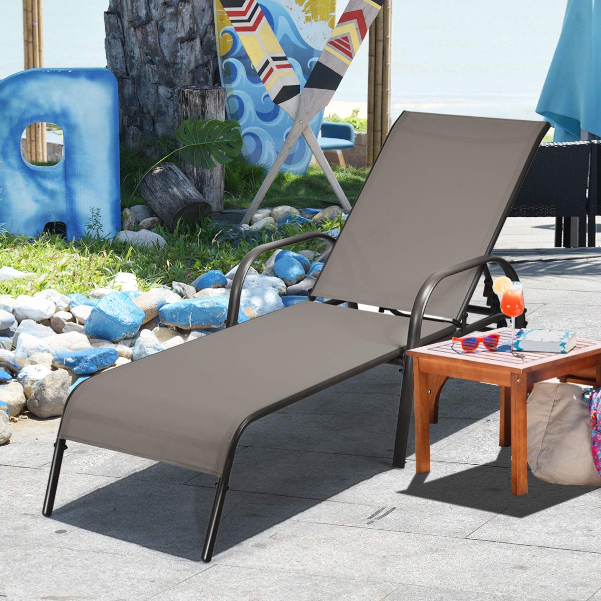 Giantex Adjustable Patio Chaise Lounge, Outdoor Folding Lounge Recliner Chairs W/Adjustable Backrest, Sturdy Metal Frame, Sunbathing Chair For Beach, Yard, Balcony, Poolside (Brown)