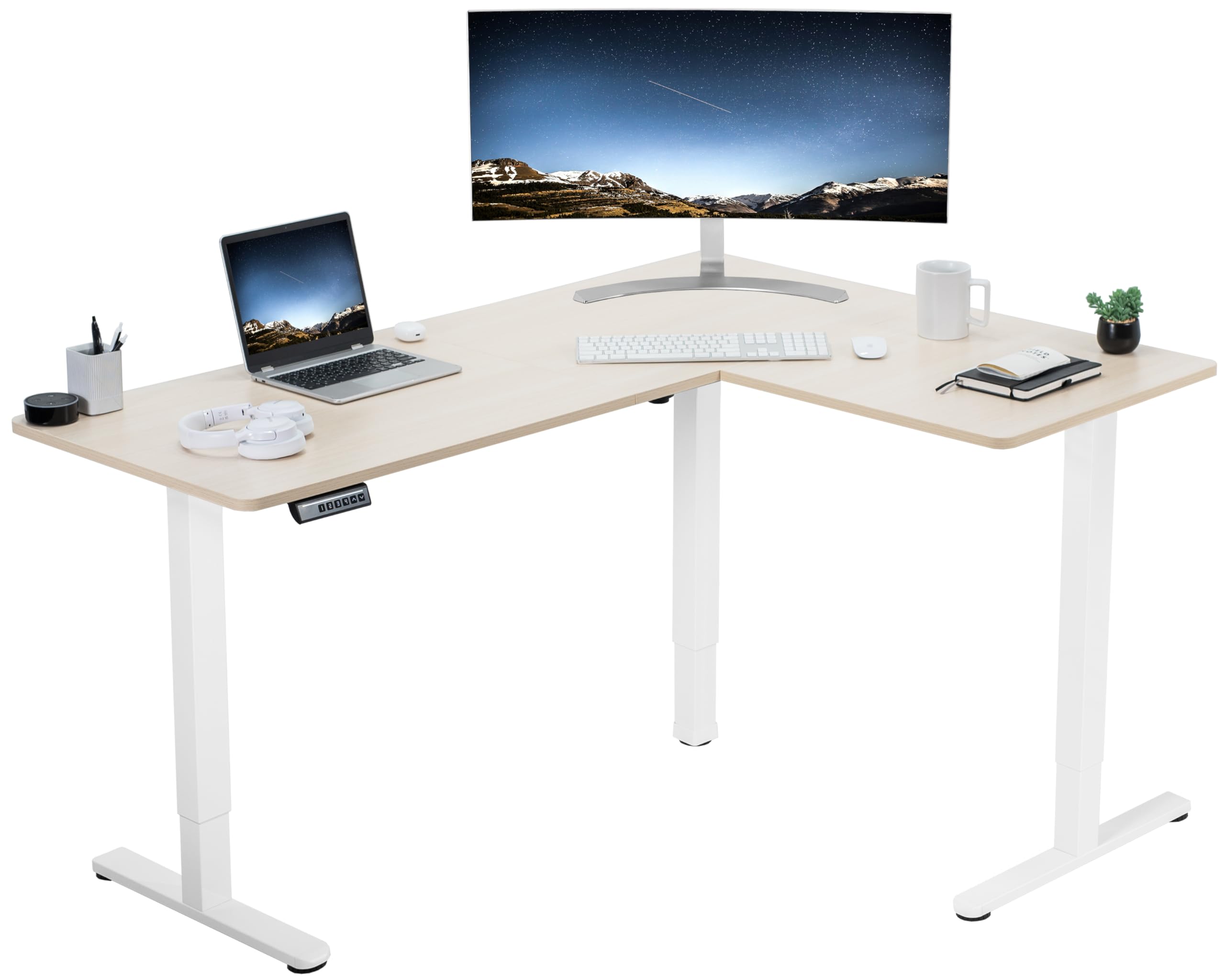 VIVO Electric Corner 63 x 47 inch L-Shaped Standing Desk, Memory Height Adjustment, Light Wood Top White Frame, DESK-E3CTWC-47